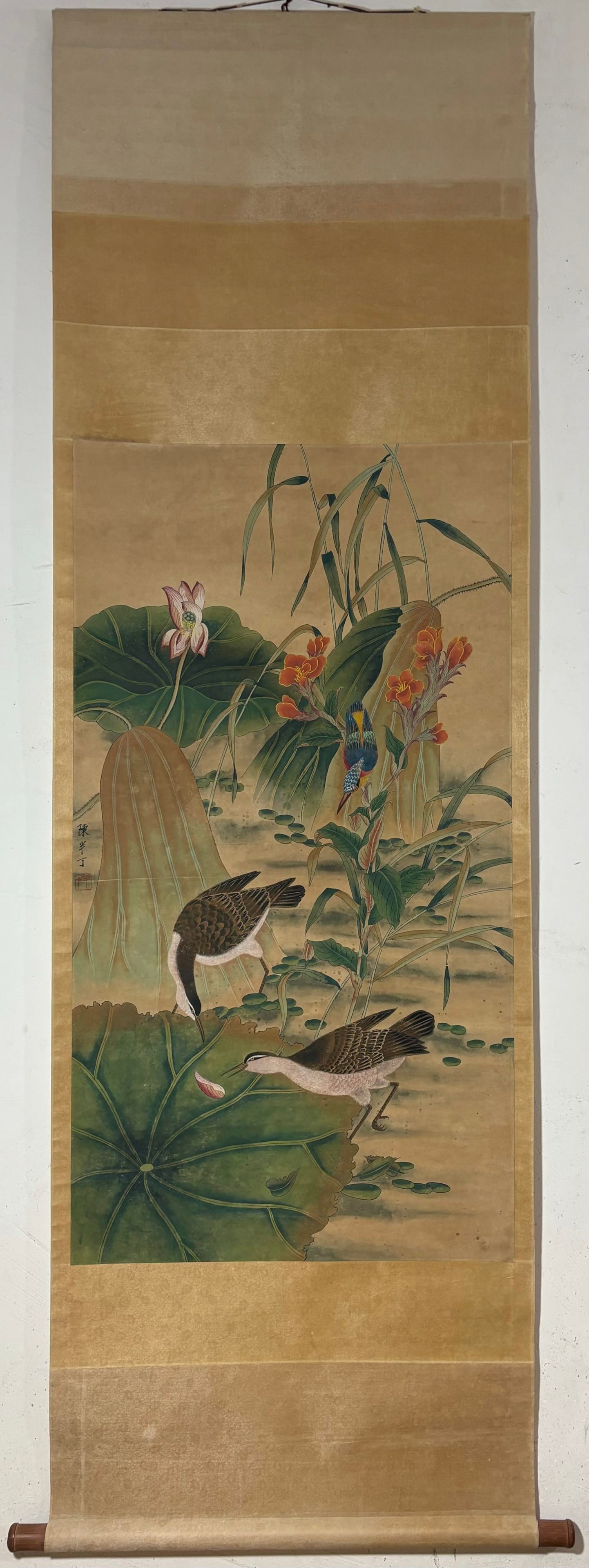 A Chinese Vertical Scroll Ink Painting of Flower and Bird on Paper: A Chinese Vertical Scroll Ink Painting of Flower and Bird on Paper,Chen Banding,Size:43.7inx23.4in 一幅中国水墨花鸟画立轴,陈