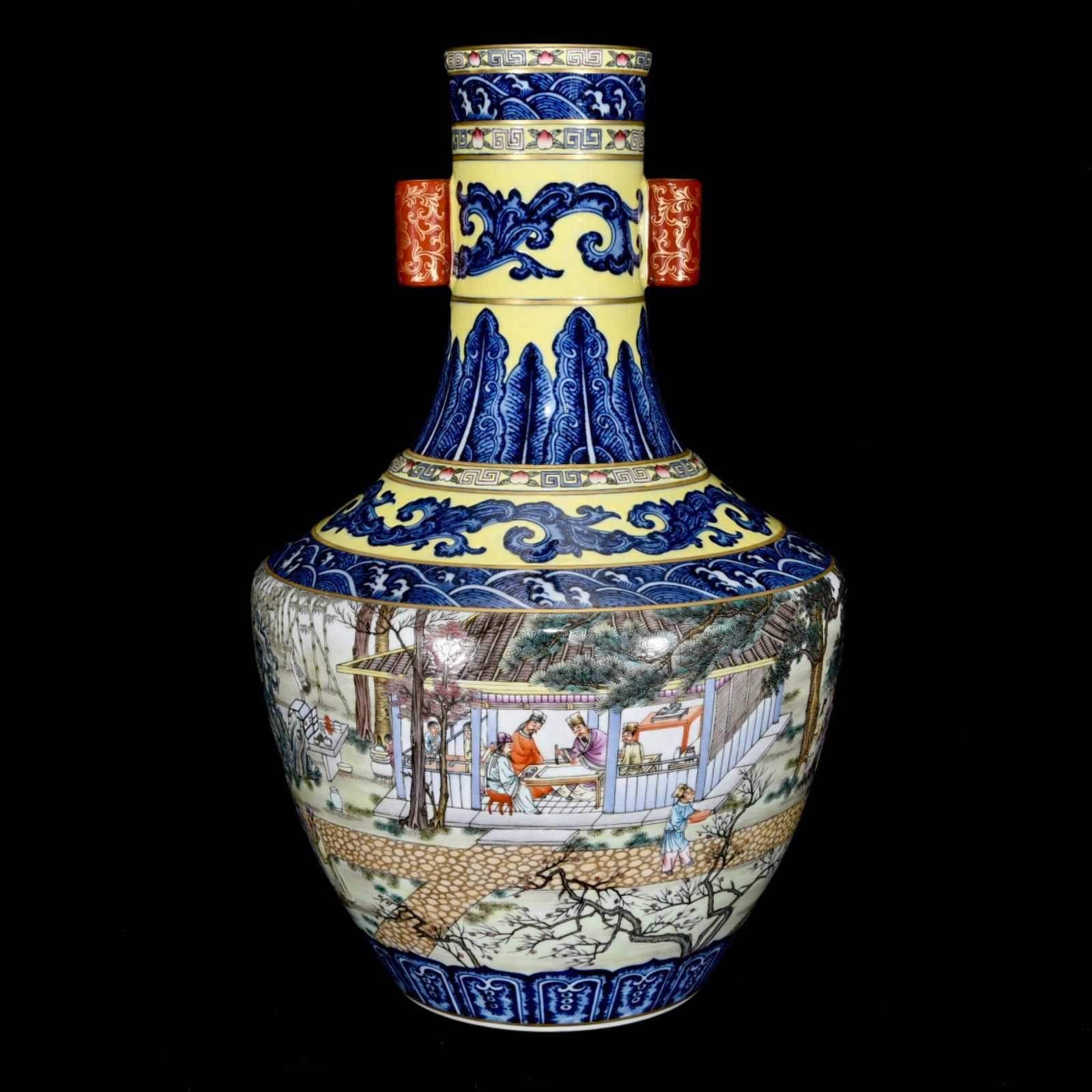 A Huge Famille-Rose Blue and White Figure and Story Pattern Double-Ears Vase: A Huge Famille-Rose Blue and White Figure and Story Pattern Double-Ears Vase,Qing Dynasty,China,Qianlong Six-Character Mark,Size:16.1inx9.8in 粉彩青花人物故&#