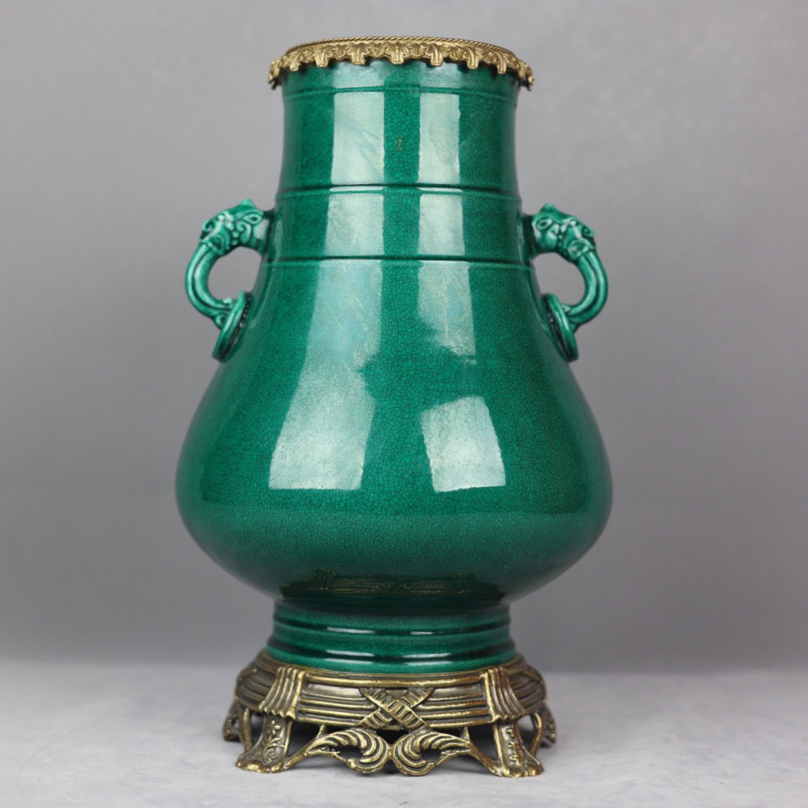 A Huge Green Glazed Inlaid Bronze Double-Ears Vase: A Huge Green Glazed Inlaid Bronze Double-Ears Vase,Qing Dynasty,China,Kangxi Six-character Mark,Size:15.4inx8.3in