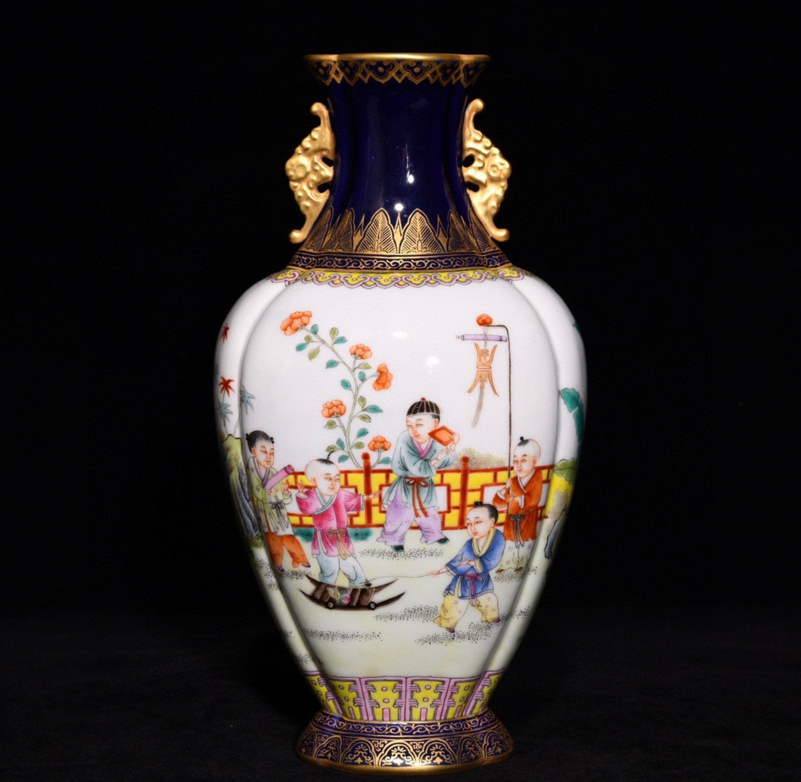 An Exquisite Ji Blue Glazed Famille-Rose Painted Gold Character and Story Pattern Double-Ears Vase: An Exquisite Ji Blue Glazed Famille-Rose Painted Gold Character and Story Pattern Double-Ears Vase,Qing Dynasty,China,Qianlong Four-character Mark,Size:9.1inx4.7in 霁蓝釉粉
