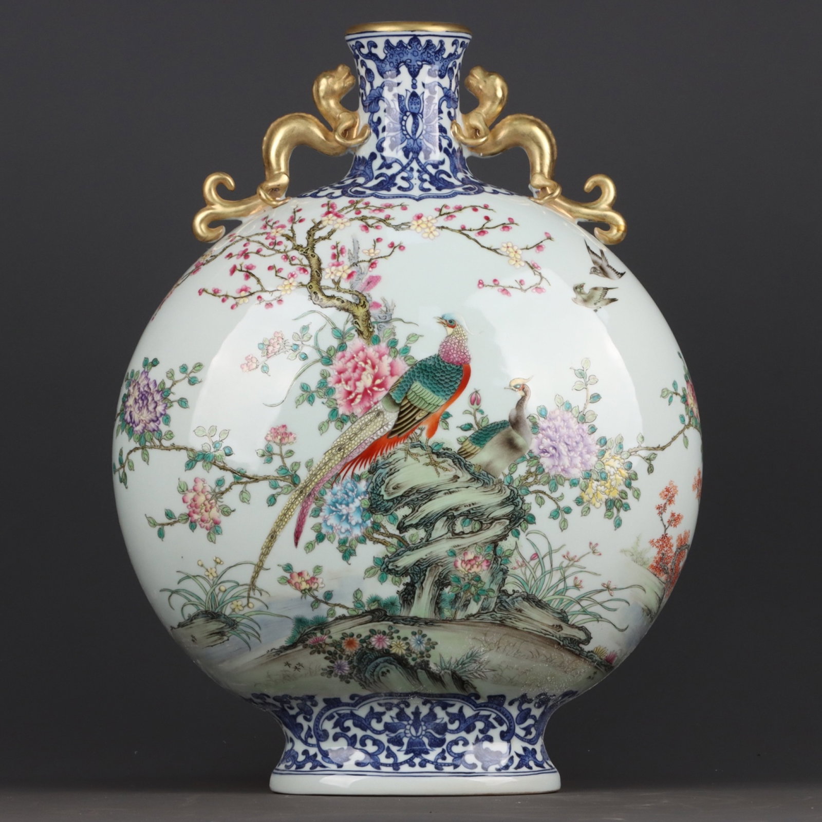 A Huge Blue and White Flower and Bird Pattern Double-Ears Vase ,with Poem: A Huge Blue and White Flower and Bird Pattern Double-Ears Vase ,with Poem ,Qing Dynasty, China,Qianlong Six-character Mark,Size:19.7inx13.8in