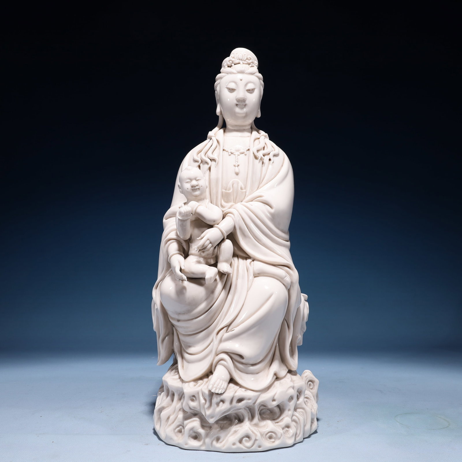 A Solemn Blance-De-Chine Statue of Avalokitesvara: A Solemn Blance-De-Chine Statue of Avalokitesvara Blance-De-Chine Statue of Avalokitesvara,Ming Dynasty,China,He Chaozong Mark,Size:7.1inx7.1inx16.5in,Weight:5350g