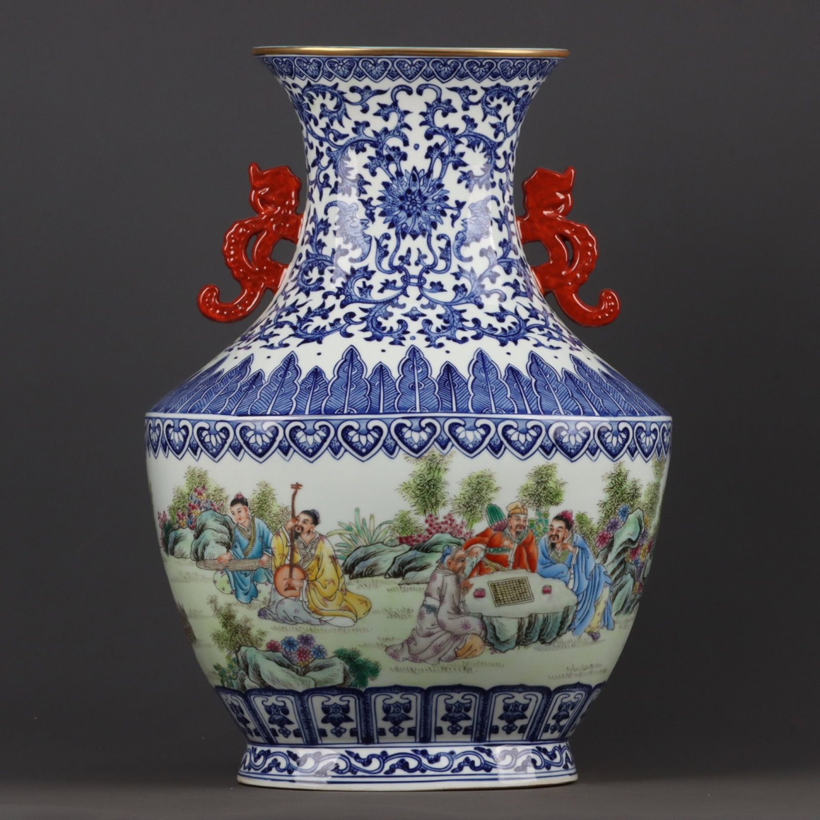 A Huge Blue and White Gilt Figure and Story Pattern Double-Ears Vase: A Huge Blue and White Gilt Figure and Story Pattern Double-Ears Vase ,Qing Dynasty, China,Qianlong Six-character Mark,Size:19.3inx13.4in 青花鎏金人物故事