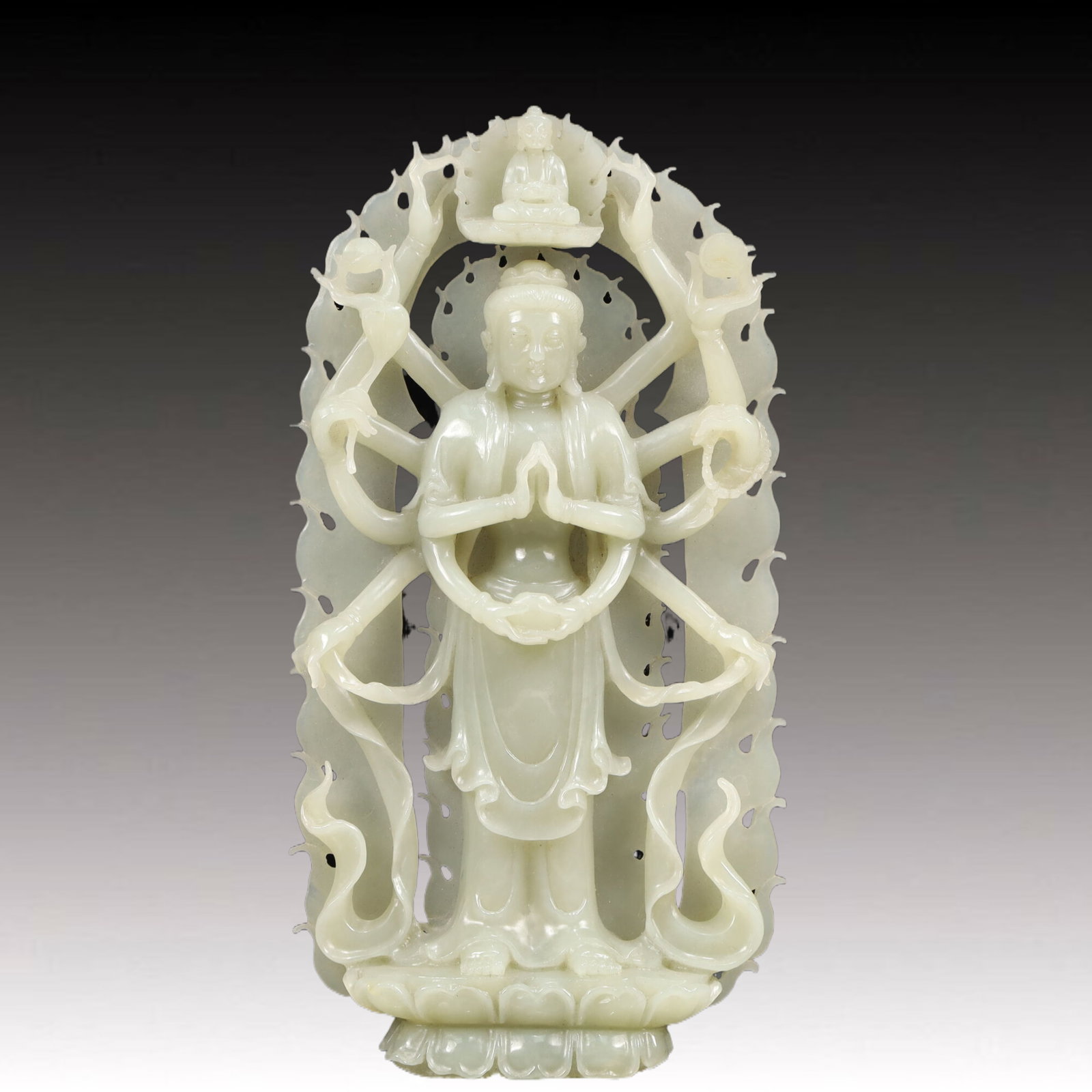 An Exquisite Greenish Jade Statue of Eight-Armed Guanyin (1 of 9)