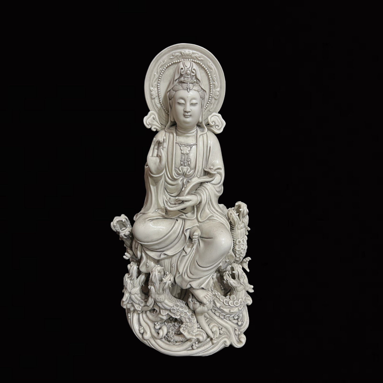 A Solemn Blance-De-Chine Statue of Avalokitesvara: A Solemn Blance-De-Chine Statue of Avalokitesvara,Ming Dynasty,China,He Chaozong Mark,Size:18.5in 德化瓷观音像,中国明代,何朝