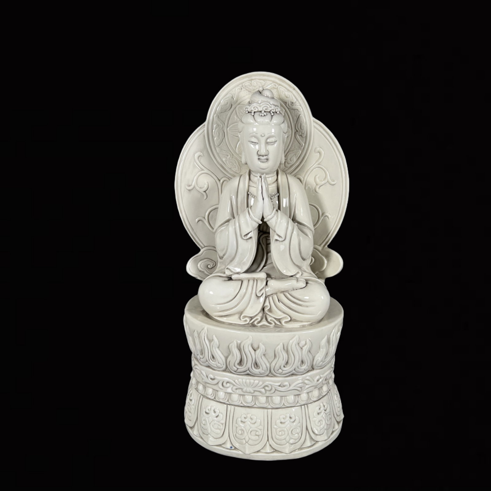 A Solemn Blance-De-Chine Statue of Avalokitesvara: A Solemn Blance-De-Chine Statue of Avalokitesvara,Ming Dynasty,China,He Chaozong Mark,Size:18.5in 德化瓷观音像,中国明代,何朝