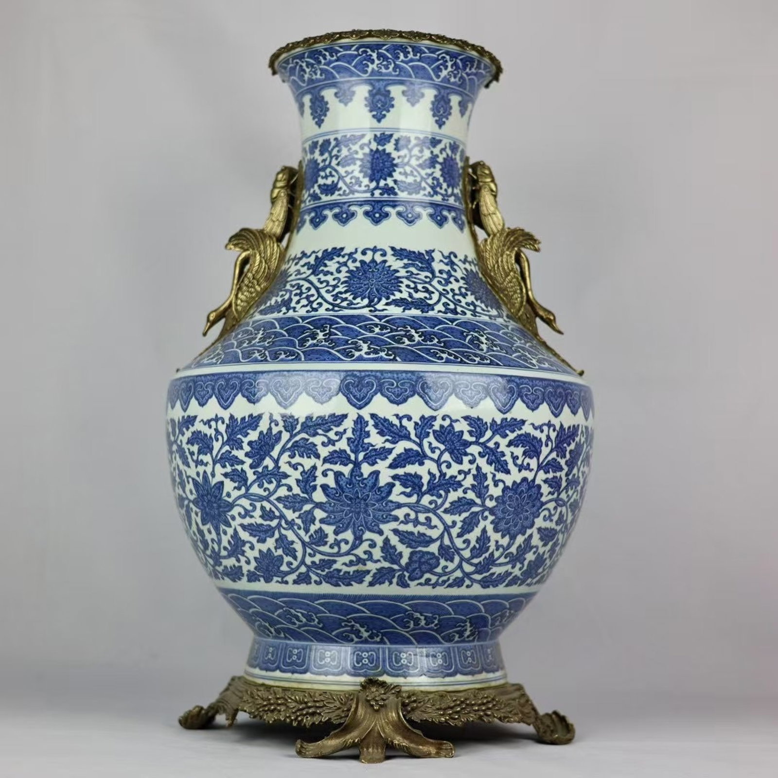 A Huge Blue and White Inlaid Bronze Lotus Pattern Double-Ears Vase: A Huge Blue and White Inlaid Bronze Lotus Pattern Double-Ears Vase,Qing Dynasty,China,Qianlong Six-character Mark,Size:25.2inx14.2in