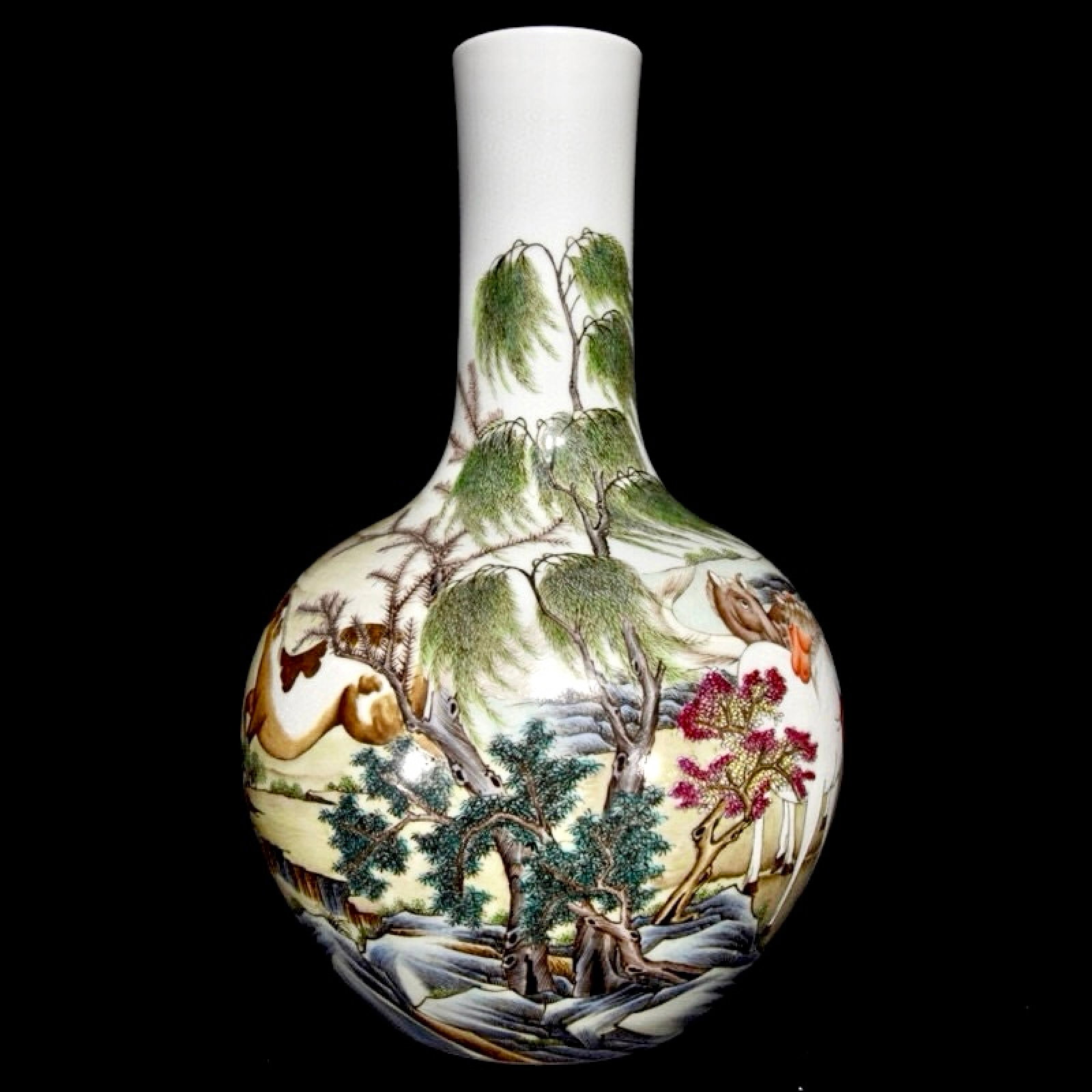 A Rare Famille-Rose Pine and Horse Pattern Vase: A Rare Famille-Rose Pine and Horse Pattern Vase,Qing Dynasty,China,Yongzheng Six-Character Mark,Size:12.6inx7.9in