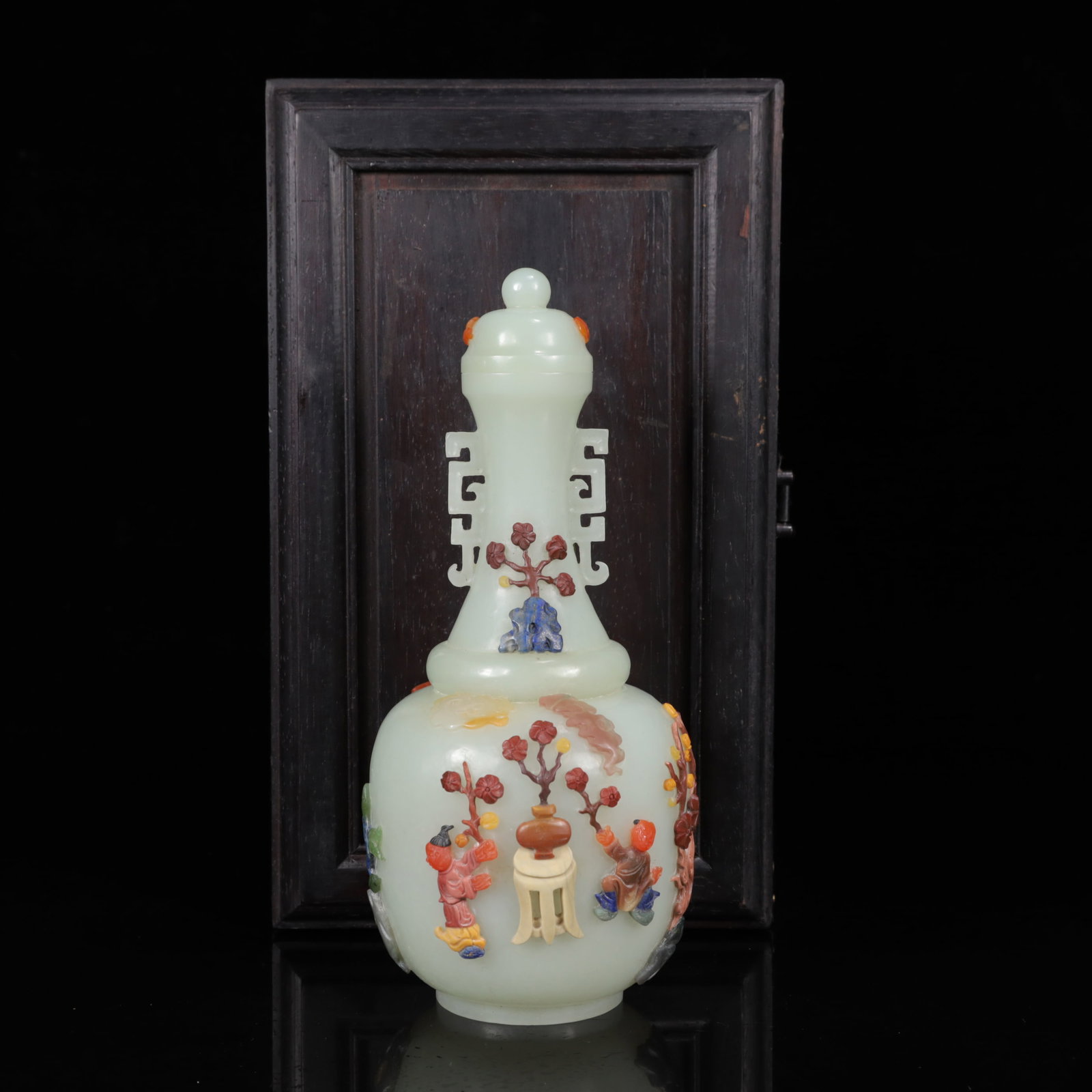 An Exquisite White Jade Inlaid Gems Character and Story Pattern Double-Ears Bottle: An Exquisite White Jade Inlaid Gems Character and Story Pattern Double-Ears Bottle,Qing Dynasty,China,Qianlong Four-character Mark,Size:3.1inx7.9in,Weight:350g 白玉嵌百宝