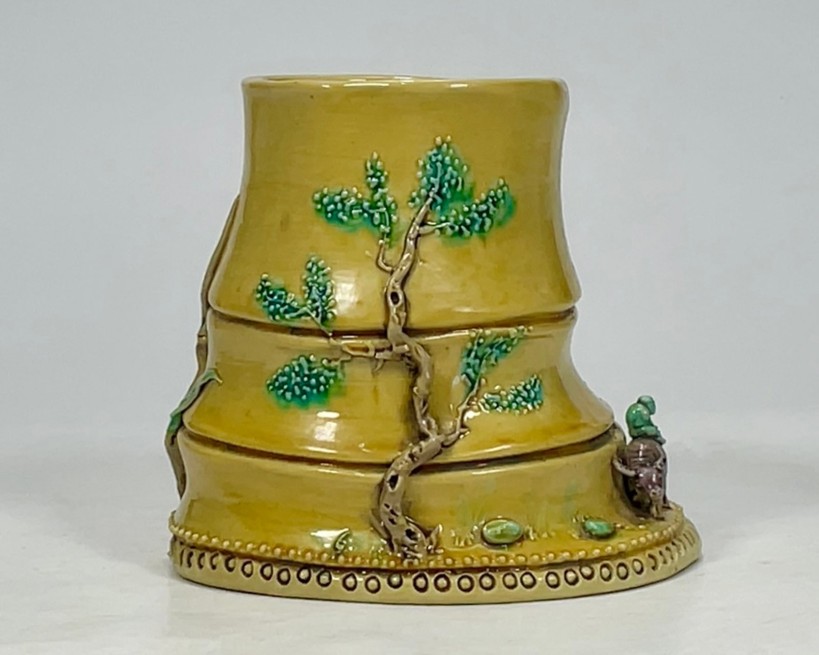 An Exquisite Yellow Ground Biscuit Landscape and Figure Pattern Brush Pot: An Exquisite Yellow Ground Biscuit Landscape and Figure Pattern Brush Pot,the Republic of China,With Mark,Size:4.9inx3.3in