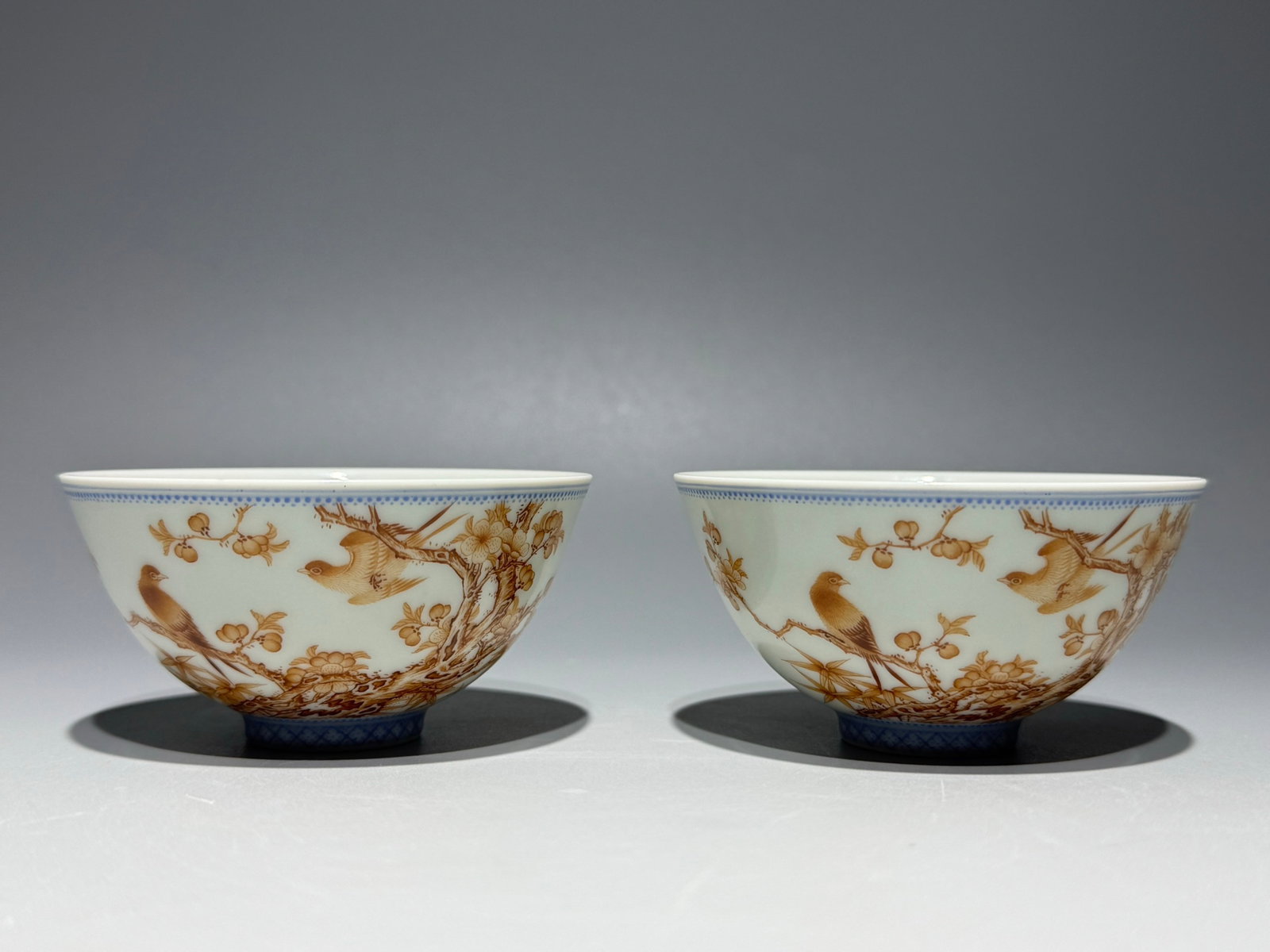 A Pair of Exquisite Ink Color Flower and Bird Pattern Cups,with poem: A Pair of Exquisite Ink Color Flower and Bird Pattern Cups,with poem,Qing Dynasty,China,Yongzheng Four-character Mark,Size:1.8inx3.4in 一对墨彩花鸟纹杯&