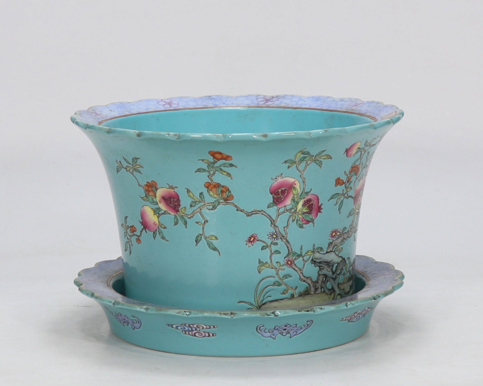 An Exquisite Turquoise Glazed Pomegranate Pattern Flowerpot,with poem: An Exquisite Turquoise Glazed Pomegranate Pattern Flowerpot,with poem,Qing Dynasty,China,Qianlong Six-character Mark,Size:7inx10.8in 松石绿釉石榴纹花
