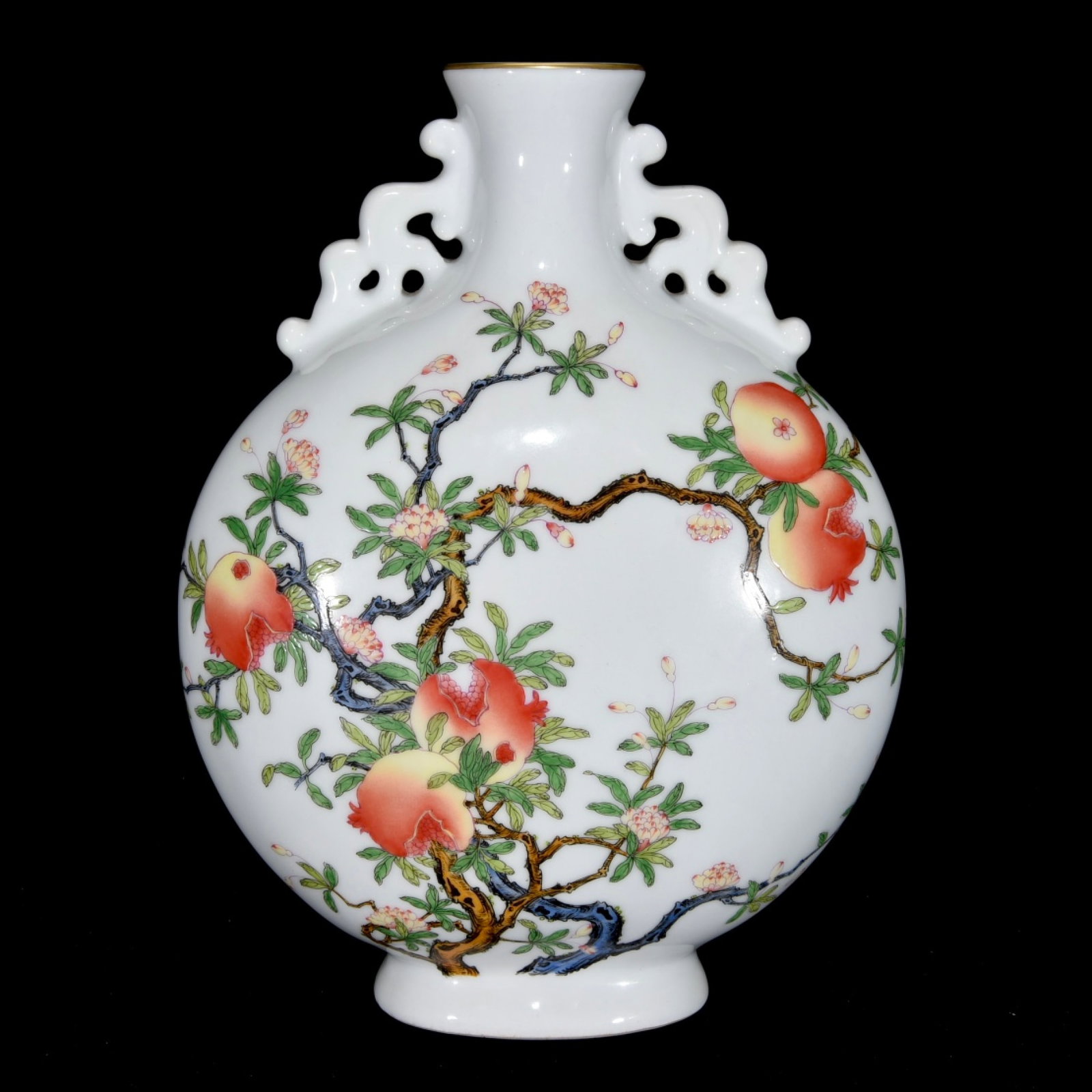 A Rare Enamel Flower and Fruit Pattern Double-Ears Vase,with Poem: A Rare Enamel Flower and Fruit Pattern Double-Ears Vase,with Poem,Qing Dynasty,China,Yongzheng Four-Character Mark,Size:13.8inx10.6inx5.1in 珐琅彩花果纹双 