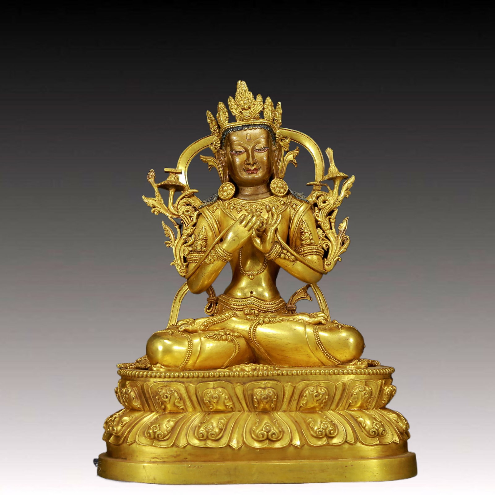 A Solemn Gilt Bronze Statue of Three-Headed and Six-Armed Vajra: A Solemn Gilt Bronze Statue of Three-Headed and Six-Armed Vajra,Ming Dynasty, China,Size:7.9inx5.9inx10.2in,Weight:3670g 铜鎏金三头六臂金刚像