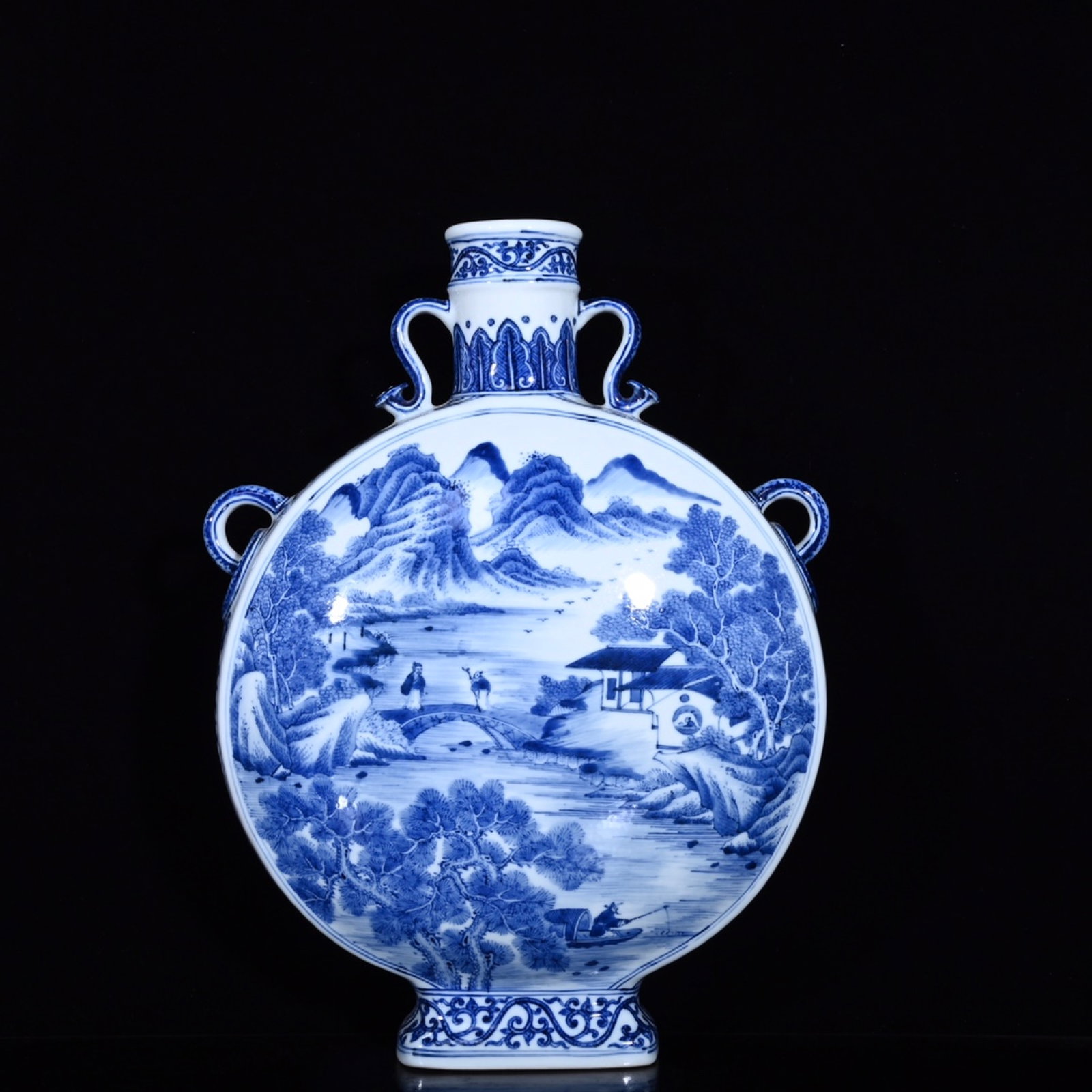 A Huge Blue and White Landscape and Figure Pattern Double-Ears Vase: A Huge Blue and White Landscape and Figure Pattern Double-Ears Vase,Qing Dynasty,China,Qianlong Six-Character Mark,Size:15.7inx11.8in 青花山水人物纹双&#