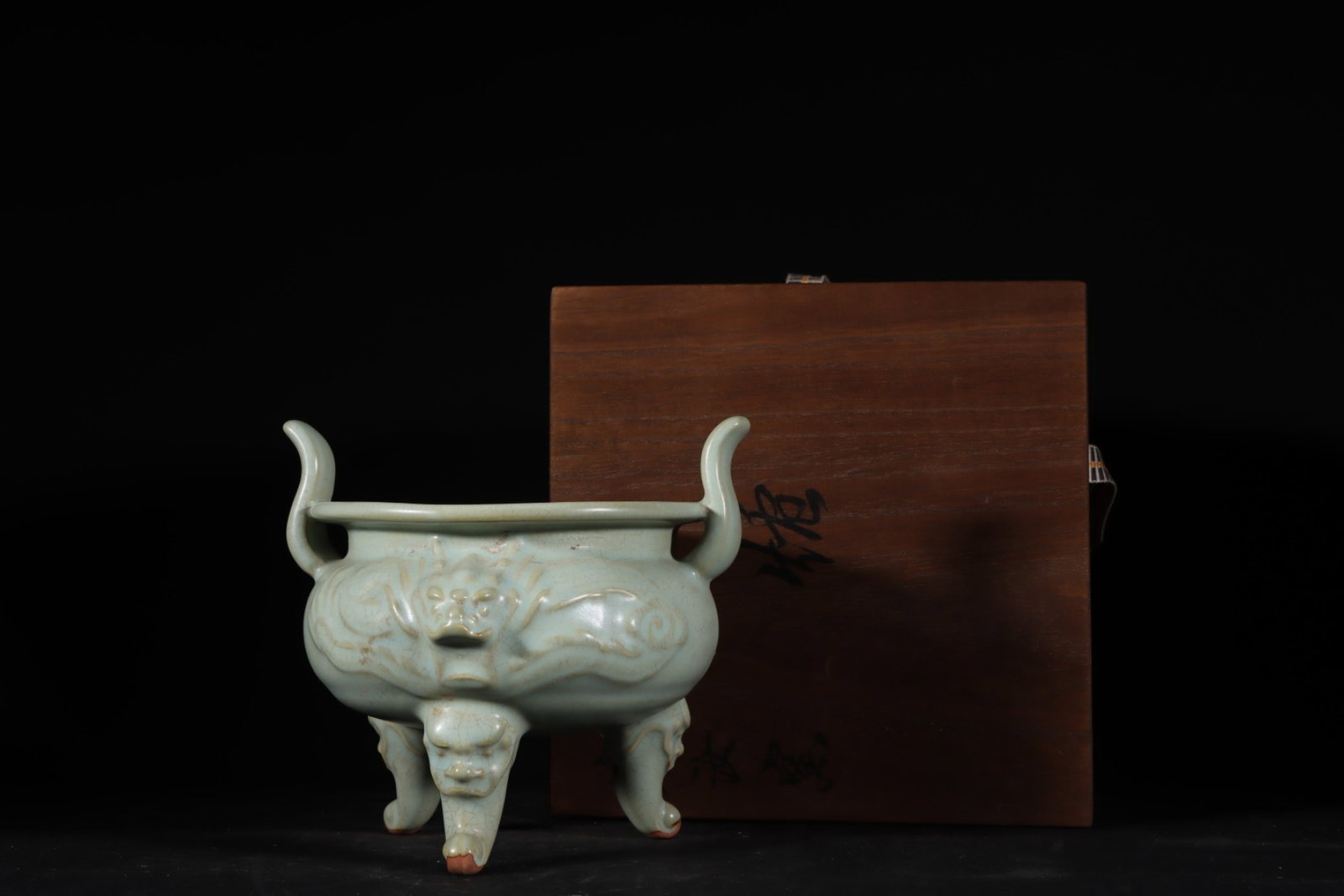 An Exquisite Ru yao Sky Blue Glazed Chi-Dragon Pattern Double-Ears and Tripod Censer: An Exquisite Ru yao Sky Blue Glazed Chi-Dragon Pattern Double-Ears and Tripod Censer,Song Dynasty,China,Size:5.6inx6.3in 汝窑天青釉螭龙纹双耳