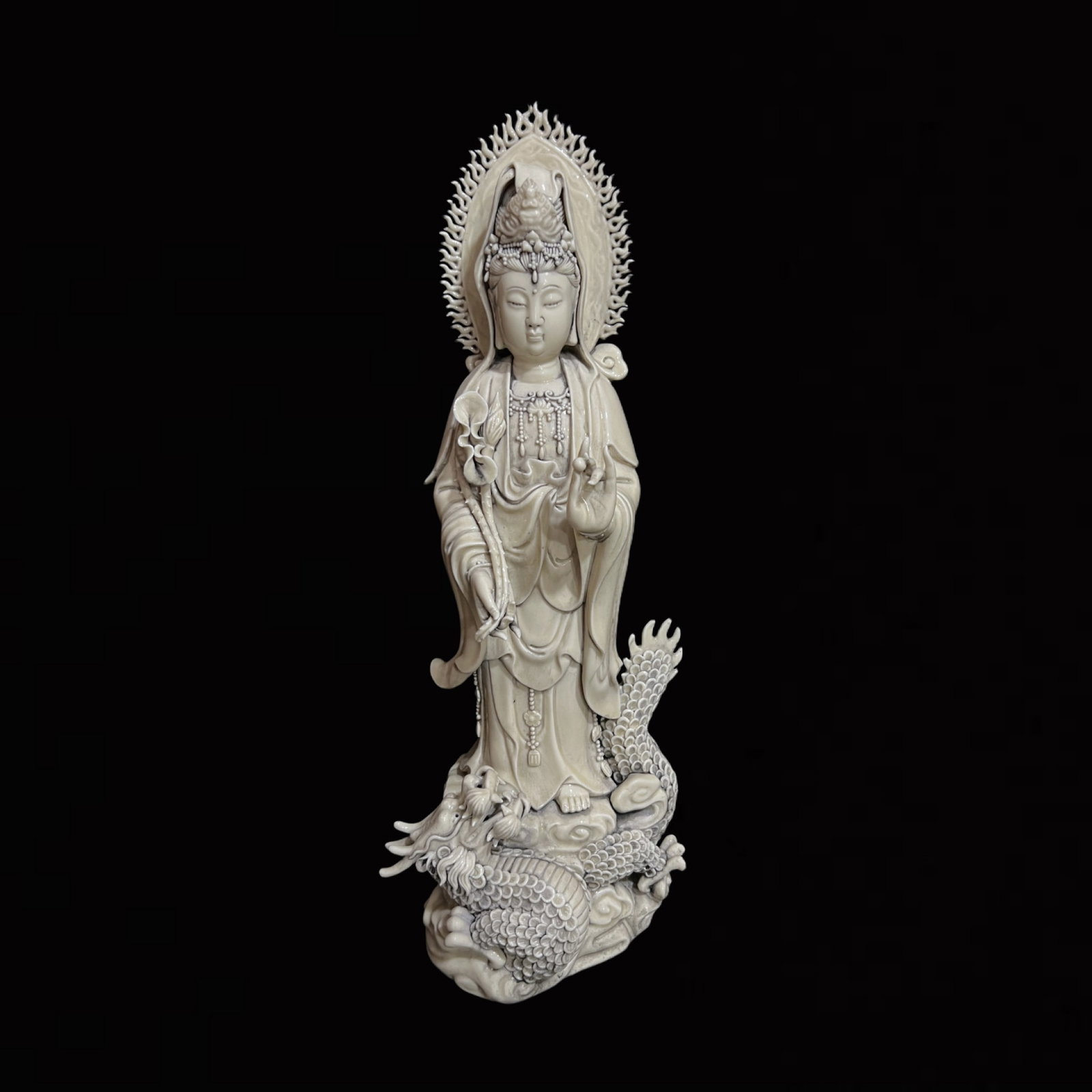 A Solemn Blance-De-Chine Statue of Avalokitesvara: A Solemn Blance-De-Chine Statue of Avalokitesvara,Ming Dynasty,China,He Chaozong Mark,Size:21.7in 德化瓷观音像,中国明代,何朝