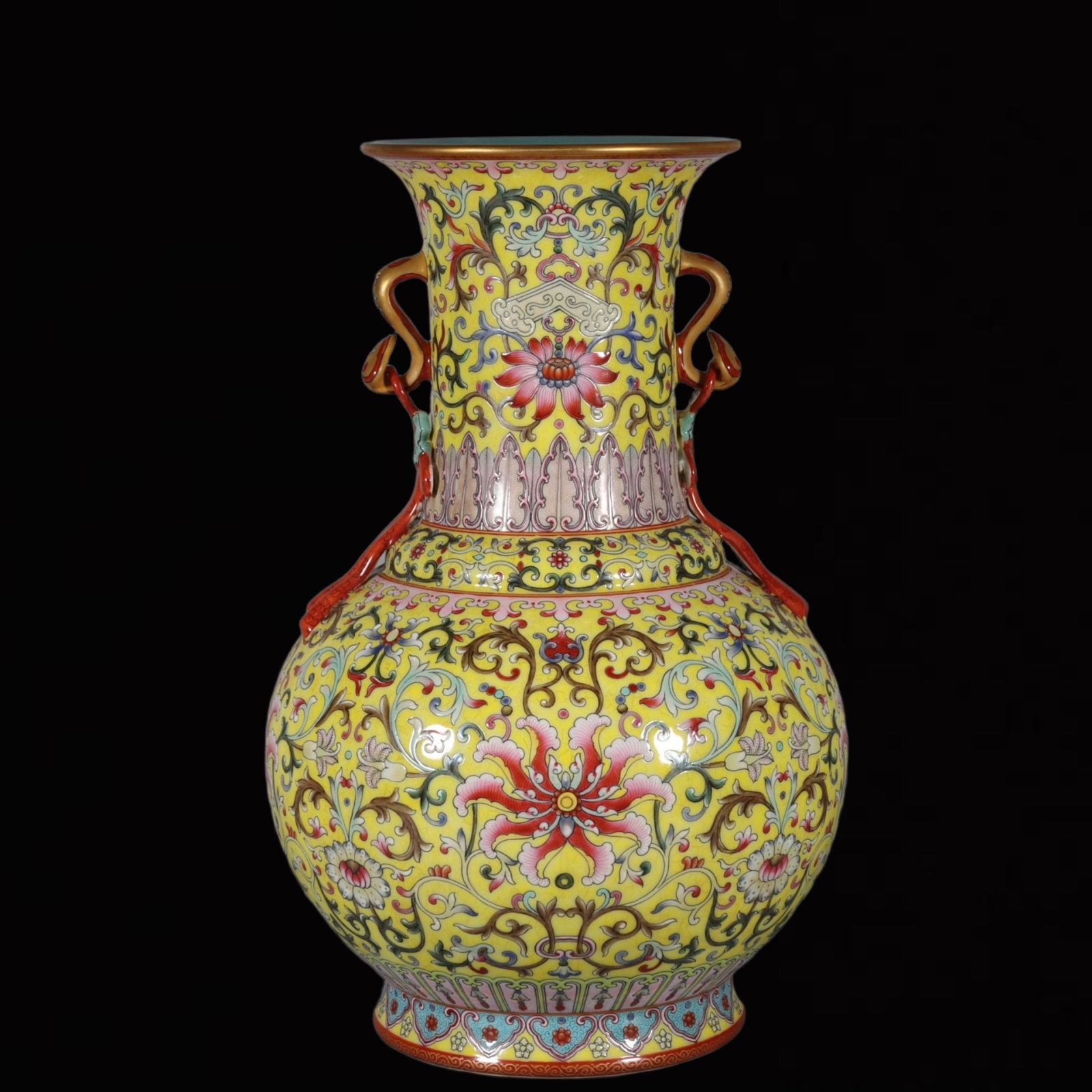 An Exquisite Famille-Rose Yellow Ground Lotus Pattern Double-Ears Vase: An Exquisite Famille-Rose Yellow Ground Lotus Pattern Double-Ears Vase,Qing Dynasty,China,Qianlong Six-character Mark,Size:14.4inx5.8in 粉彩黄地缠枝莲纹