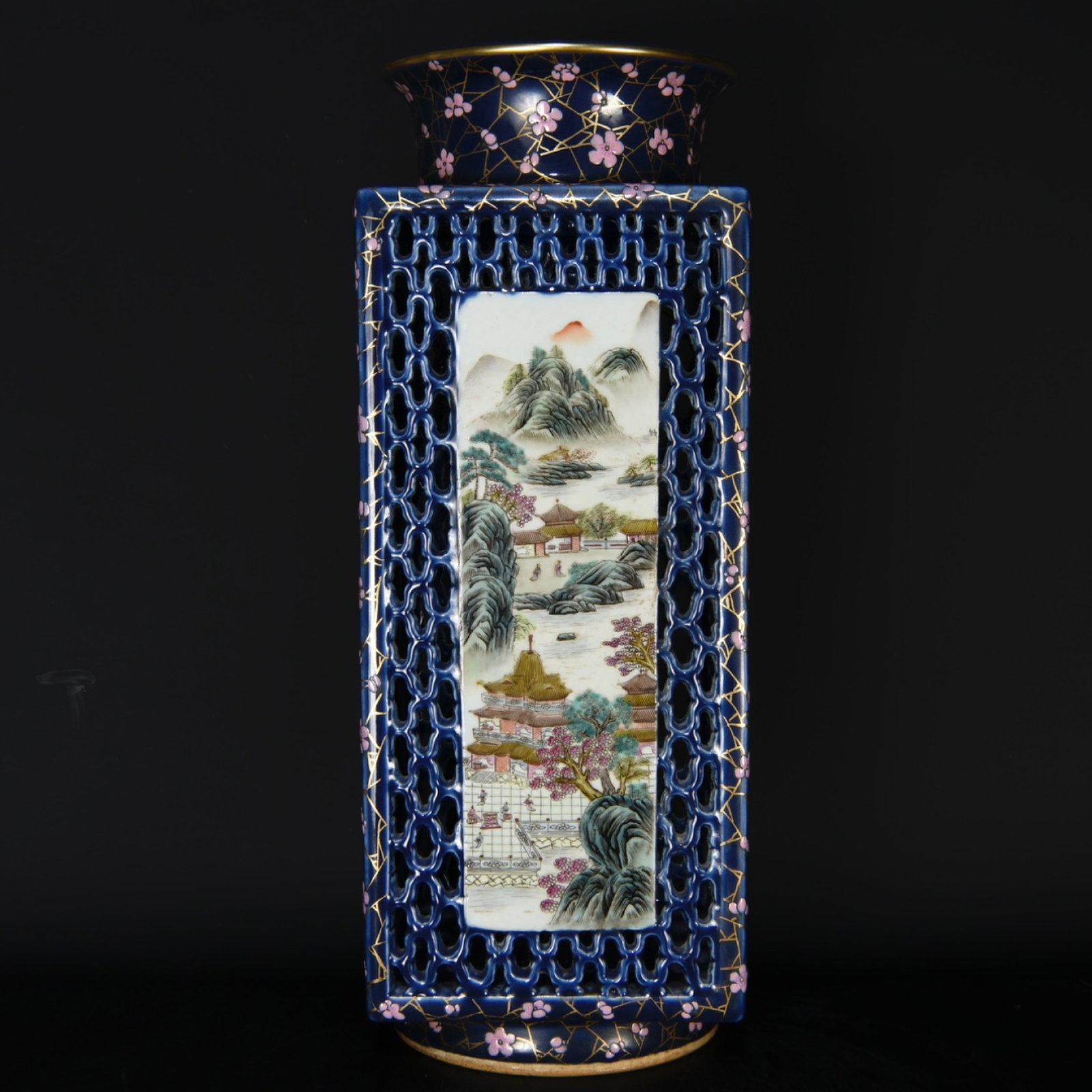 A Rare Blue Glazed Famille-Rose Landscape Pattern Vase: A Rare Blue Glazed Famille-Rose Landscape Pattern Vase,Qing Dynasty,China,Qianlong Six-Character Mark,Size:13.8inx5.1in 蓝釉粉彩山水纹瓶,中国