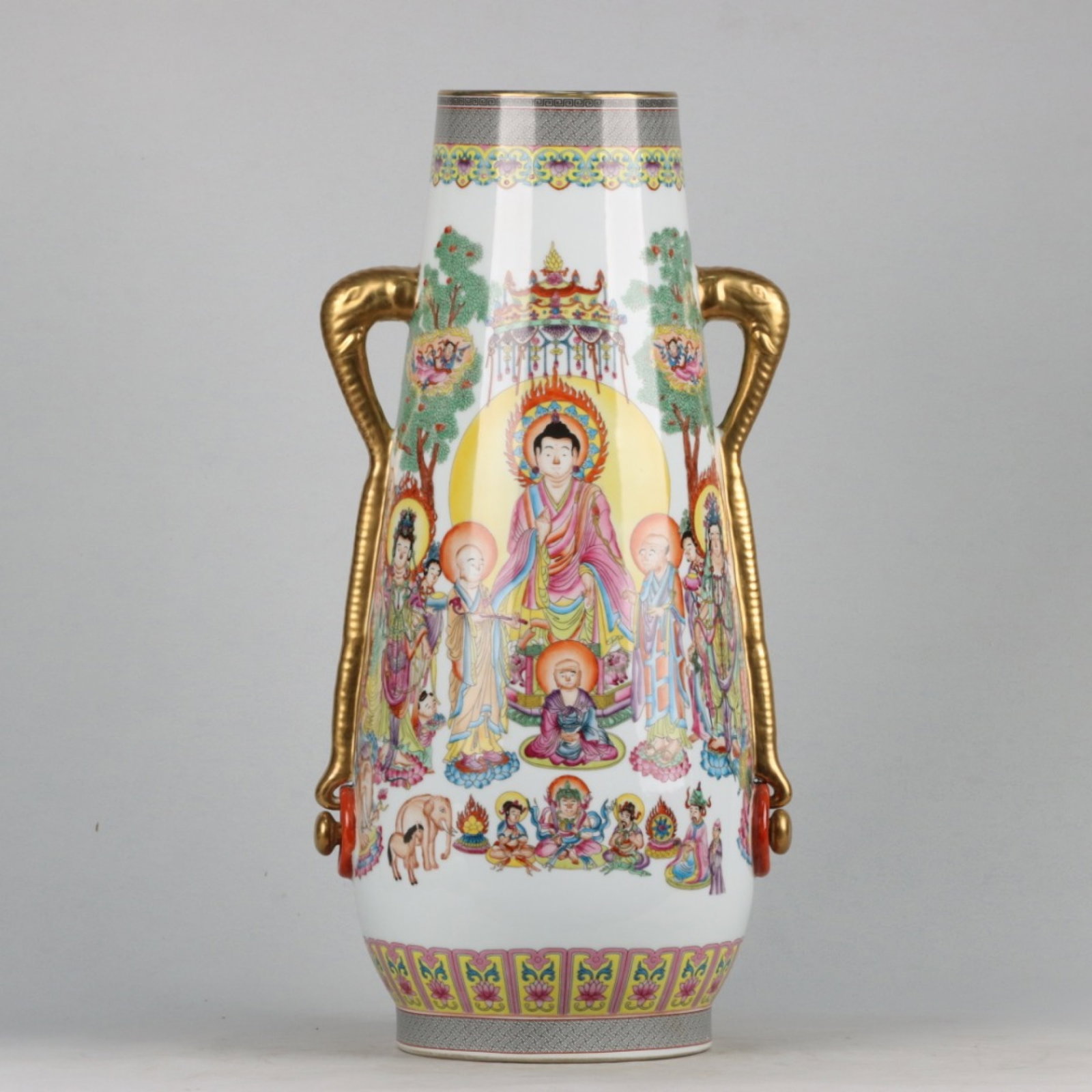 A Huge Enamel Gilt Figure and Story Pattern Elephant-Ears Vase: A Huge Enamel Gilt Figure and Story Pattern Elephant-Ears Vase,Qing Dynasty, China,Qianlong Four-character Mark,Size:23.2inx10.6in 珐琅彩鎏金人物故É