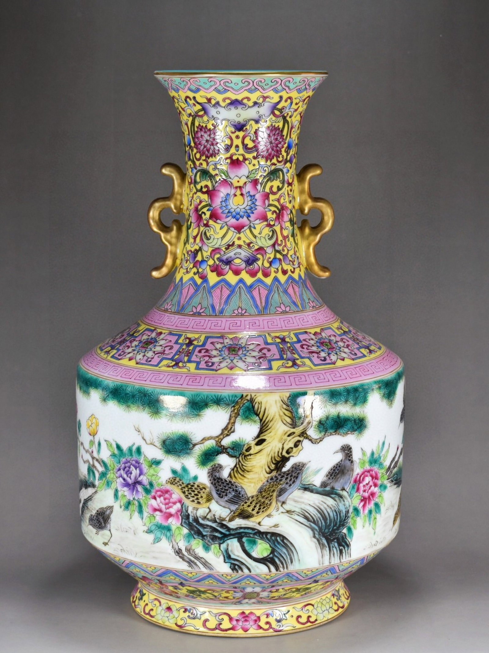 A Huge Enamel Painted Gold Flower and Bird Pattern Double-Ears Vase: A Huge Enamel Painted Gold Flower and Bird Pattern Double-Ears Vase,Qing Dynasty,China,Qianlong Six-character Mark,Size:16.5inx10.6in