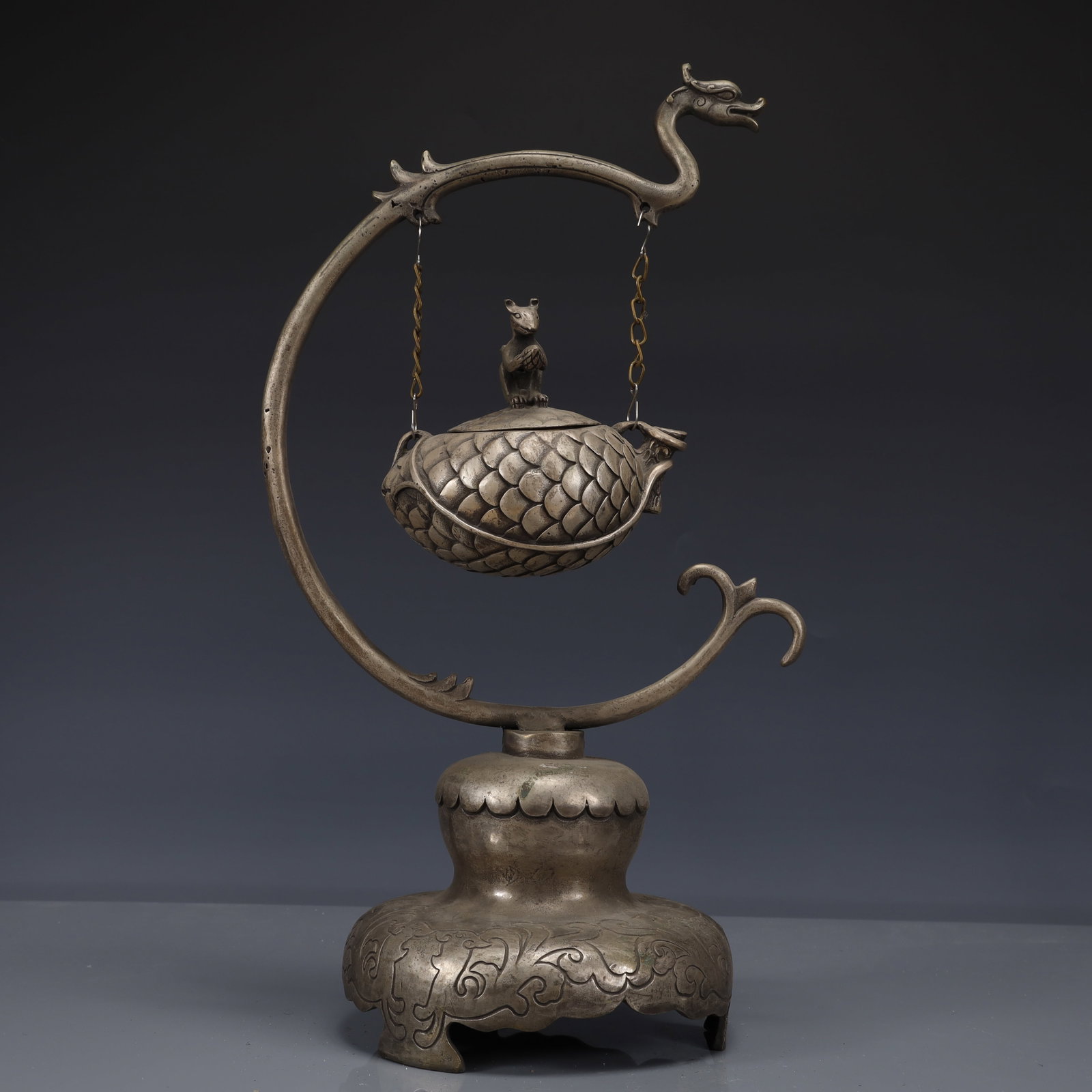 An Exquisite Silver-Plated Bronze Dragon Handle Censer: An Exquisite Silver-Plated Bronze Dragon Handle Censer,The Republic of China,Size:8.7inx6.3inx15.4in,Weight:1700g