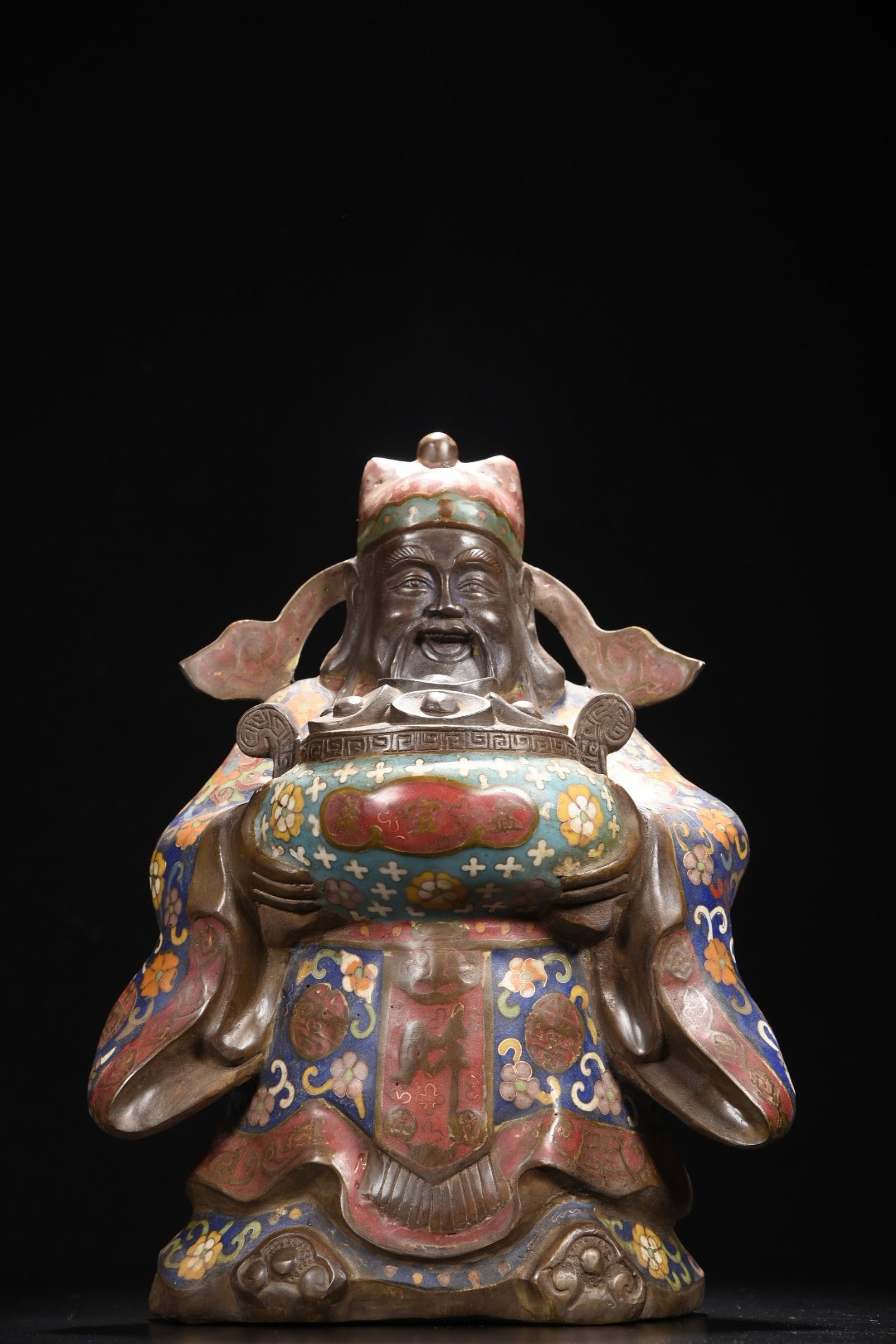 A Solemn Cloisonne Statue of Mammon: A Solemn Cloisonne Statue of Mammon,Ming Dynasty,China,Xuande Four-Character Mark,Size:11.8inx8.7inx5.9in,Weight:4925g 景泰蓝财神像,中国明代