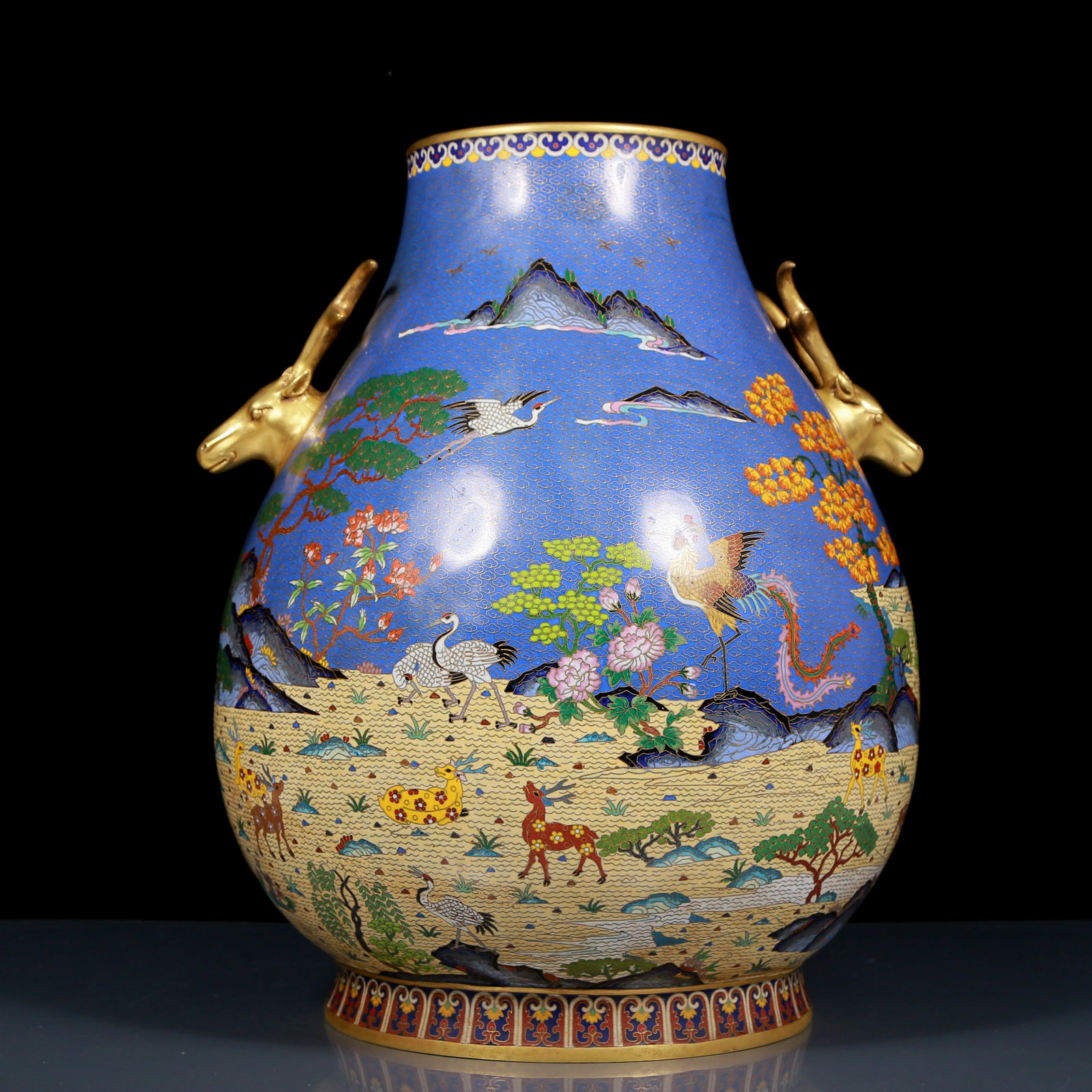 A Huge Cloisonne Deer and Crane Pattern Double-Ears Vase: A Huge Cloisonne Deer and Crane Pattern Double-Ears Vase,Qing Dynasty, China,Qianlong Four-character Mark,Size:14.6inx18.9in,Weight:19.10kg