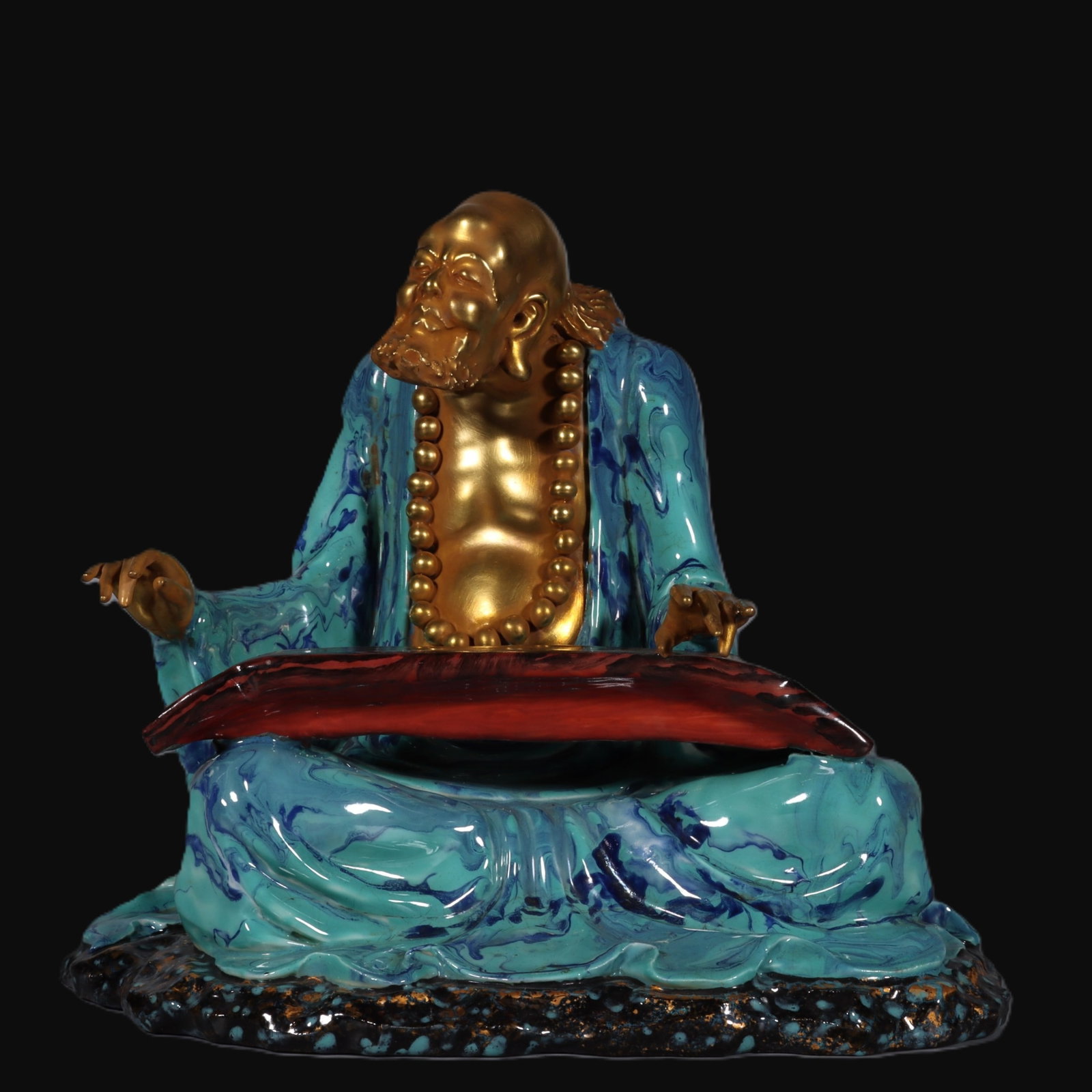 An Exquisite Robin's-Egg-Glazed Painted Gold Statue of Arhat (1 of 9)