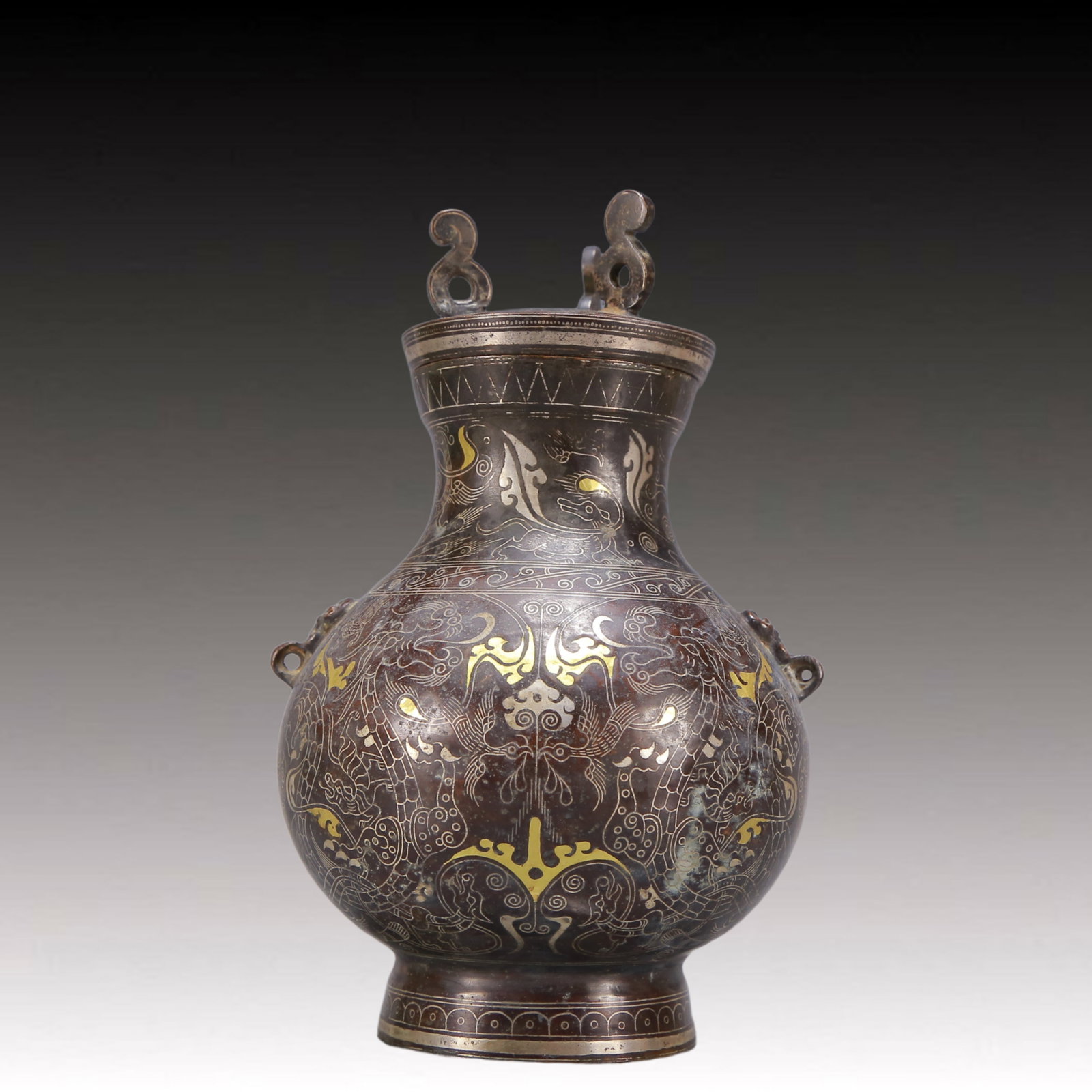 A Exquisite Gold and Silver-Inlaid Bronze Auspicious Beast Pattern Vase (1 of 10)