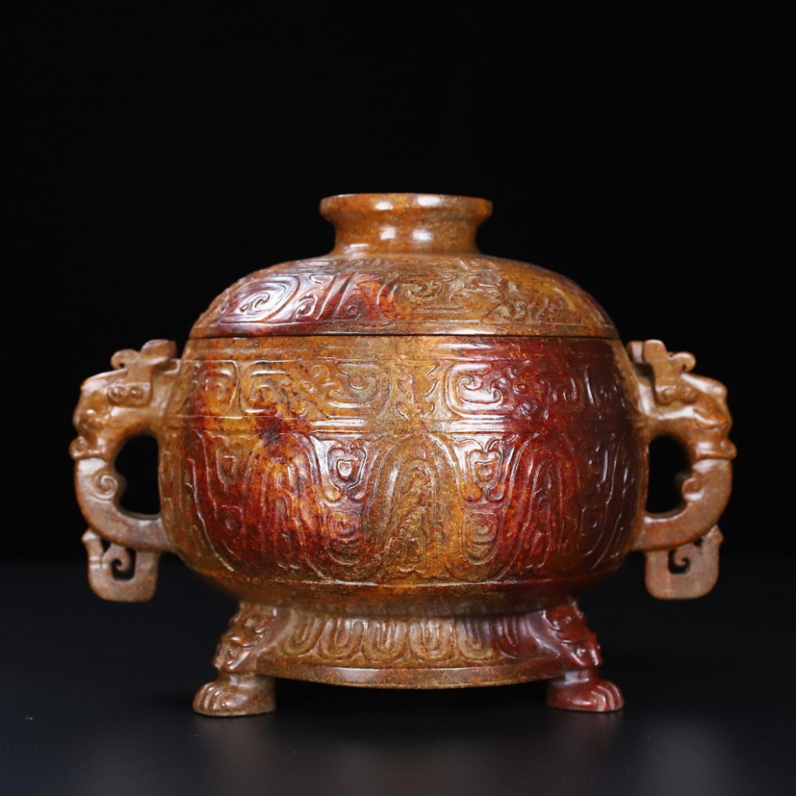An Exquisite Archaic Jade Beast-Face Pattern Double-Ears and Tripod Censer (1 of 10)