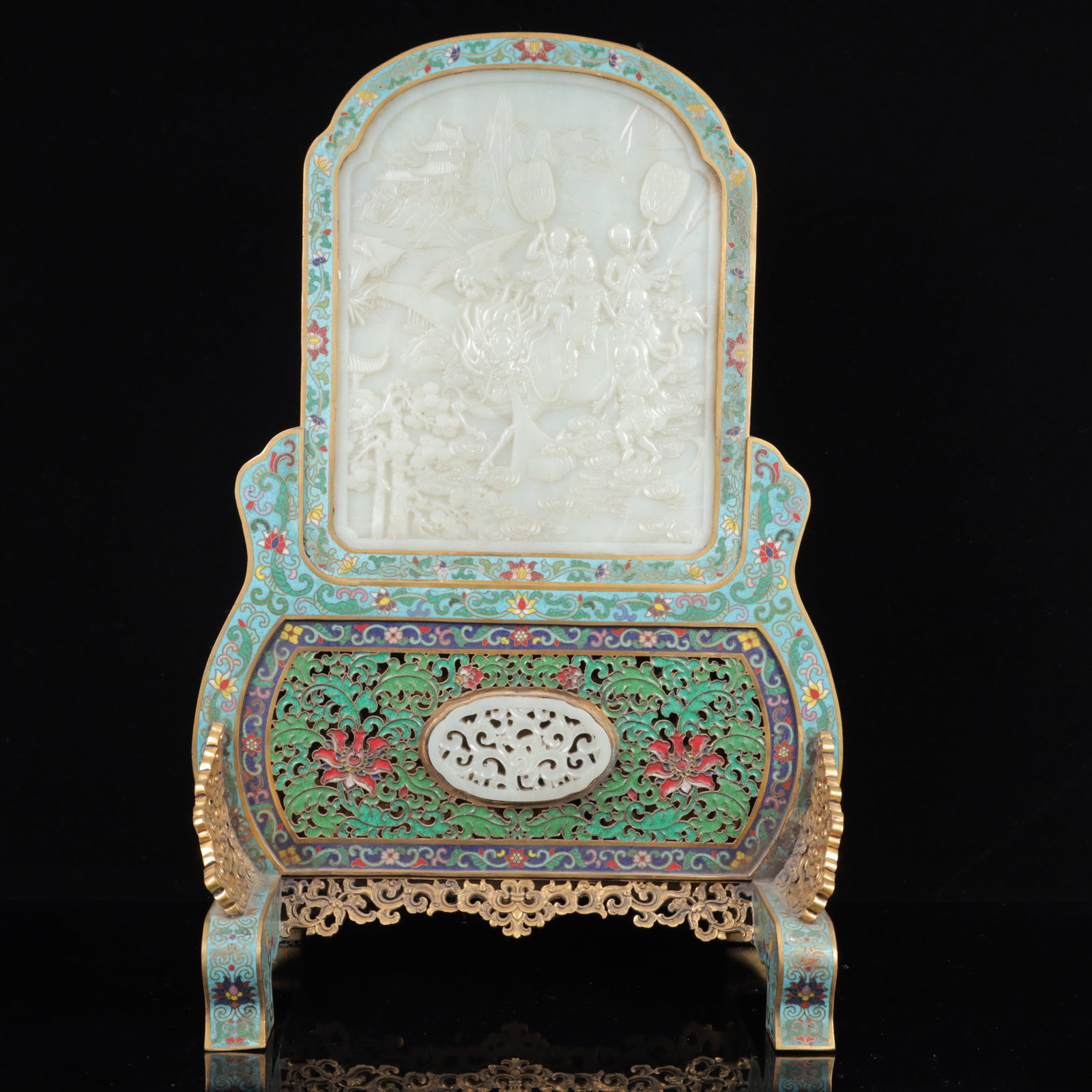 An Exquisite Cloisonne Inlaid White Jade Figure Pattern Table Screen,with poem: An Exquisite Cloisonne Inlaid White Jade Figure Pattern Table Screen,with poem,Qing Dynasty, China,Qianlong Four-character Mark,Size:15.7inx10.6inx6.7in,Weight:3500g