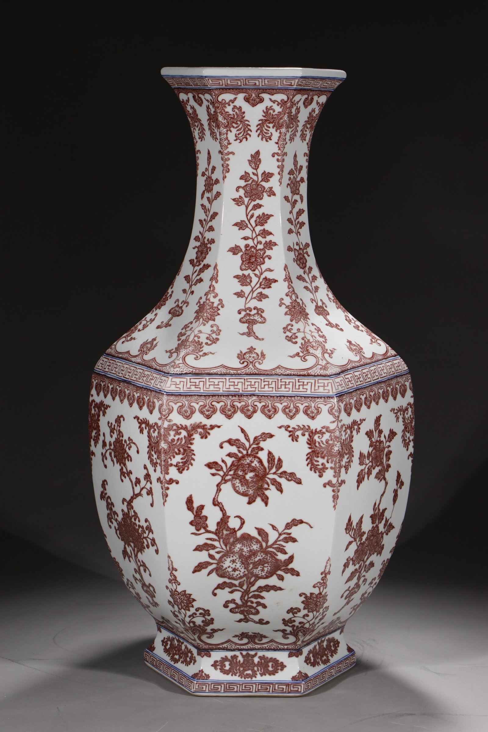 A Huge Underglaze-Red Flower and Fruit Pattern Vase: A Huge Underglaze-Red Flower and Fruit Pattern Vase,Qing Dynasty,China,Qianlong Six-character Mark,Size:25.8in 釉里红花果纹瓶,中国清代