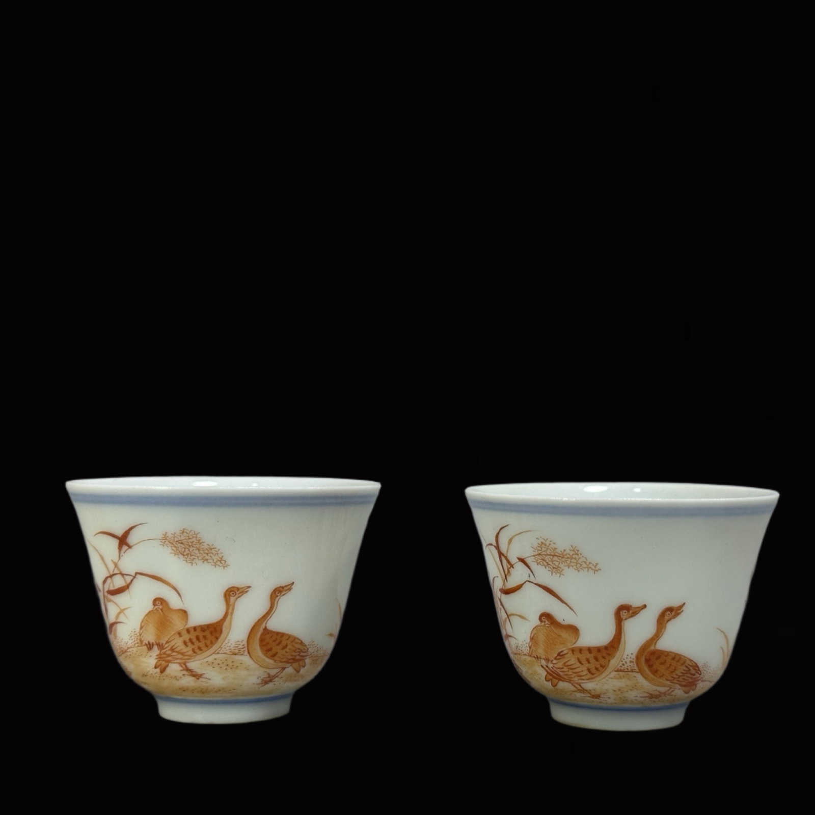 A Pair of Exquisite Iron-Red Flower and Bird Pattern Cups: A Pair of Exquisite Iron-Red Flower and Bird Pattern Cups,Qing Dynasty,China,Yongzheng Six-Character Mark,Size:1.3inx1.9in