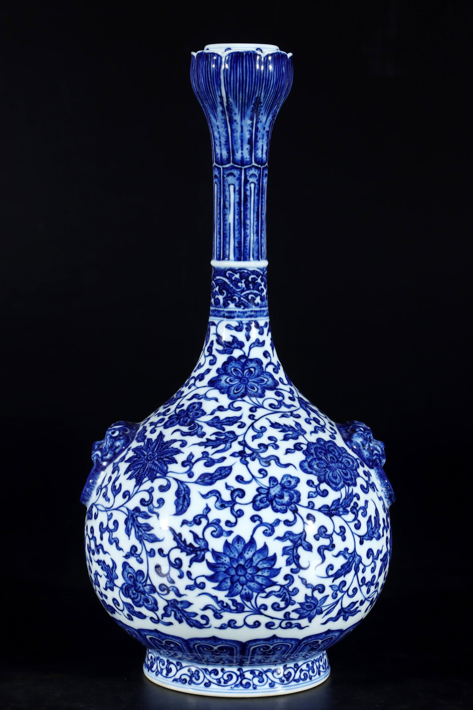 A Rare Blue and White Lotus Pattern Beast-Ears Vase: A Rare Blue and White Lotus Pattern Beast-Ears Vase,Qing Dynasty,China,Yongzheng Six-character Mark,Size:13.8inx7.1in 青花缠枝莲纹兽耳瓶,中&