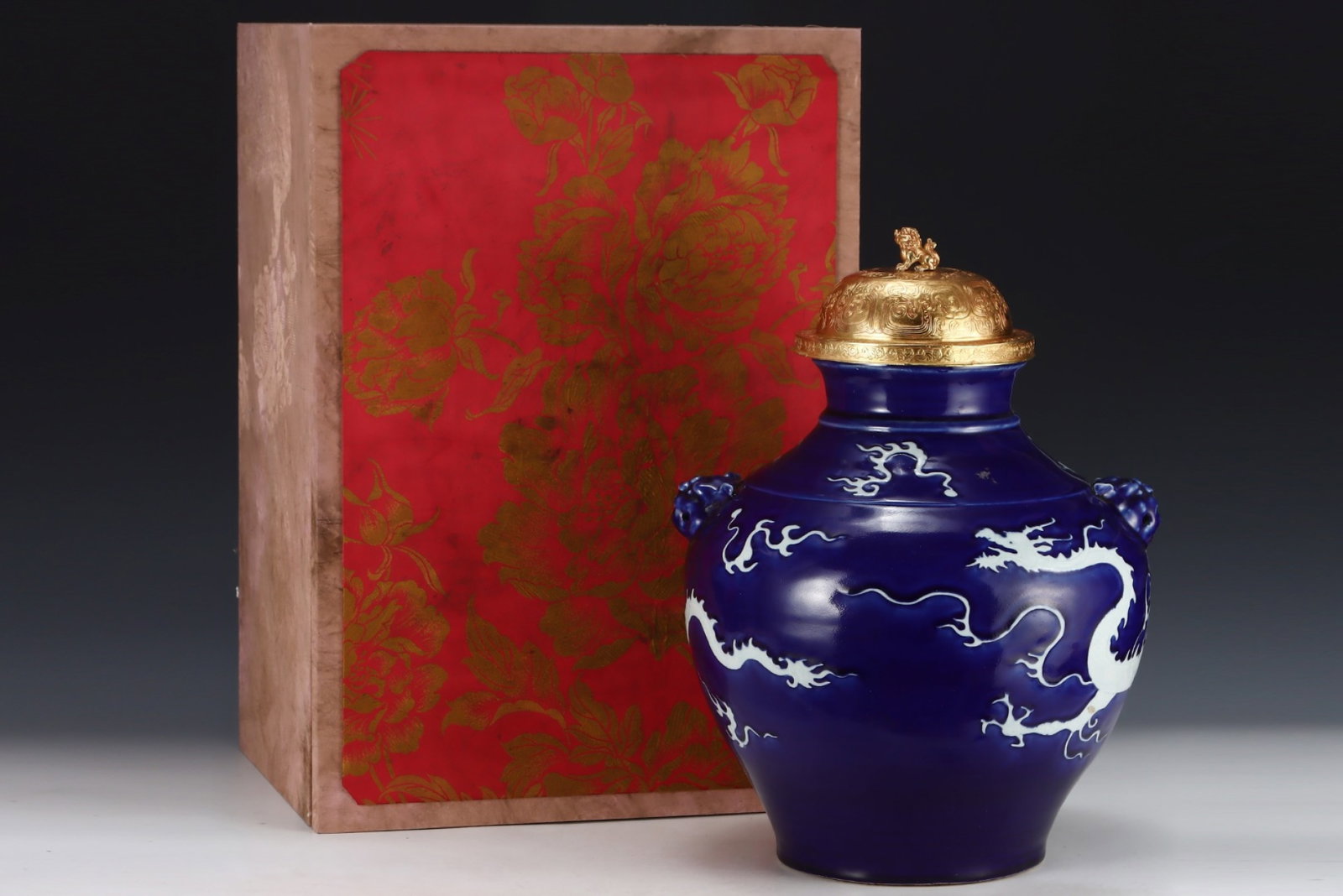 A Huge Ji Blue Glazed Dragon Pattern Beast-Ears Jar with Cover: A Huge Ji Blue Glazed Dragon Pattern Beast-Ears Jar with Cover,Yuan Dynasty,China,Size:18.5inx13.8in 霁蓝釉龙纹兽耳盖罐,中国元&#