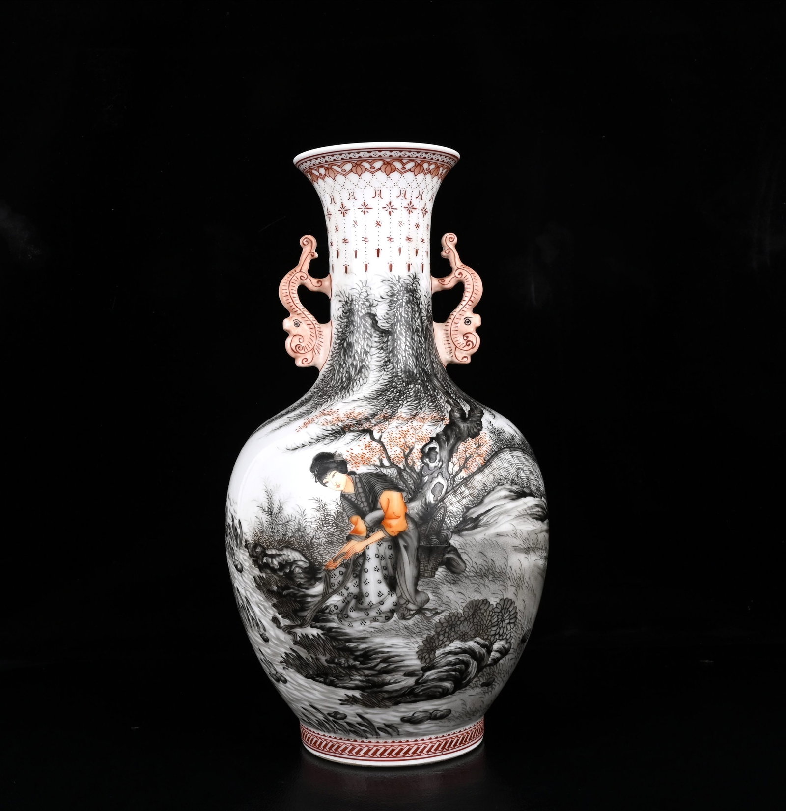 A Rare Ink Color Iron-Red Figure and Story Pattern Double-Ears Vase: A Rare Ink Color Iron-Red Figure and Story Pattern Double-Ears Vase,Qing Dynasty,China,with Mark,Size:13.2inx7.1in 墨彩矾红人物故事纹双ň