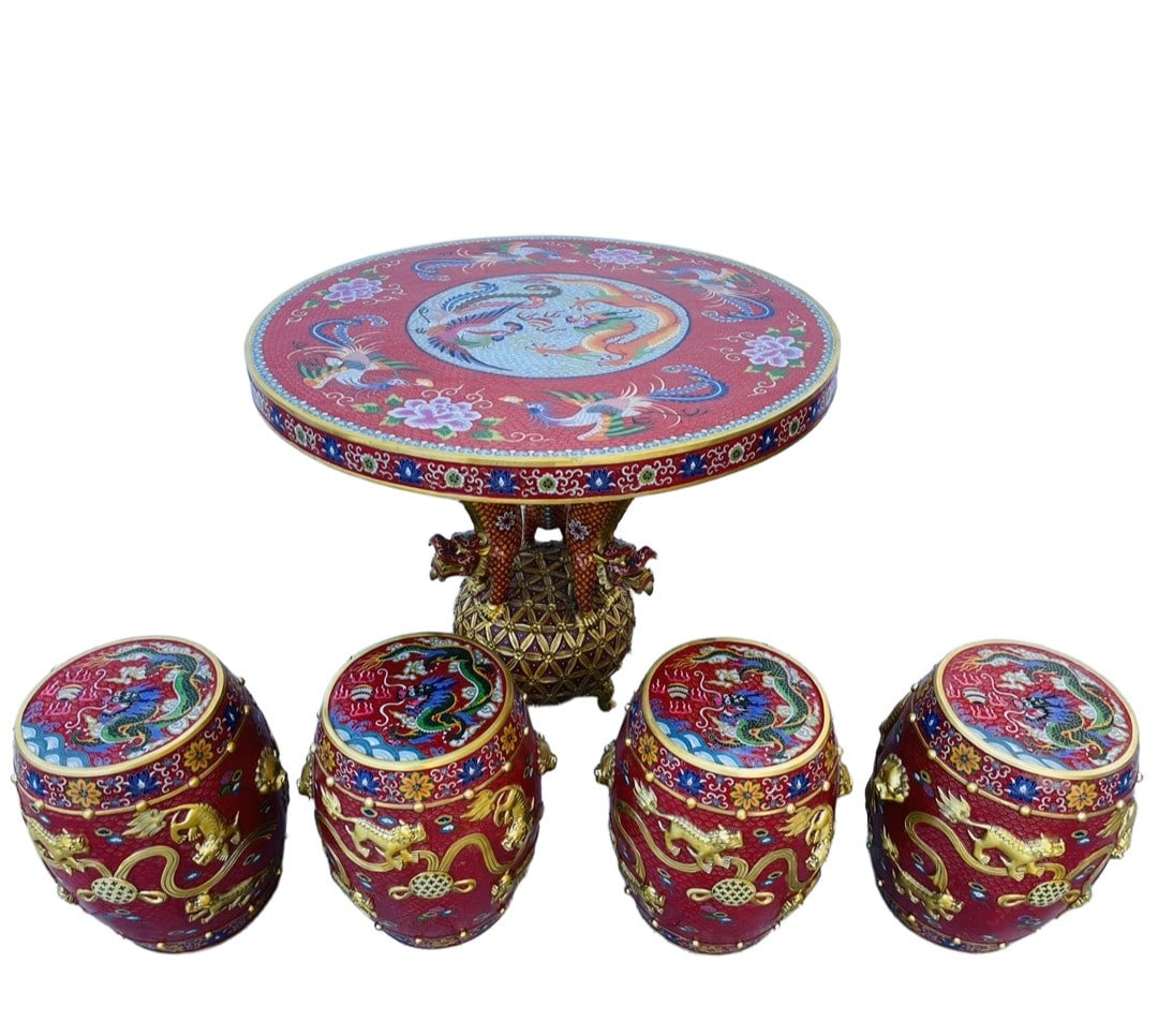 A Set of Exquisite Cloisonne Dragon and Phoenix Pattern Table,with Four Stools: A Set of Exquisite Cloisonne Dragon and Phoenix Pattern Table,with Four Stools,Qing Dynasty,China,Qianlong Four-character Mark,Size:(Table)31.5inx35in,(Stool)17.3inx14.6in,Weight:150000g 一ä