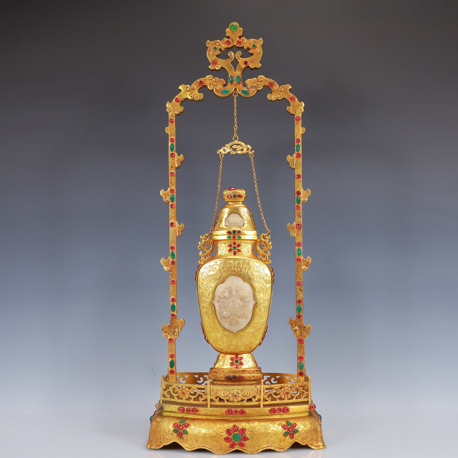 An Exquisite Gilt Bronze Inlaid White Jade Double-Ears Vase,Inlaid Gems: An Exquisite Gilt Bronze Inlaid White Jade Double-Ears Vase,Inlaid Gems,Qing Dynasty, China,Size:9.8inx5.5inx24in,(Box)27.6inx14.2inx0.8in,Weight:4250g 铜鎏金嵌白玉