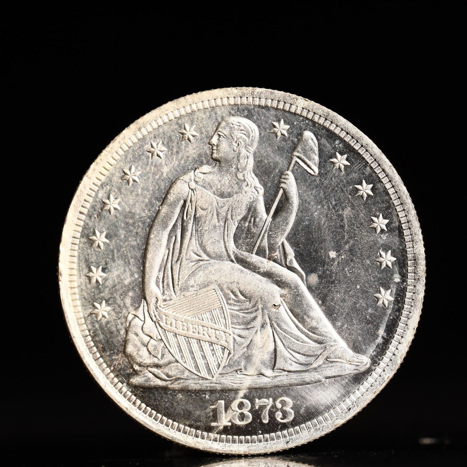 USA One Dollar 1873 Coin: American coin. IN GOD WE TRUST / LIBERTY / 1873 / UNITED STATES OF AMERICA / ONE DOL. Mint mark: CC.Weight:26.9g.