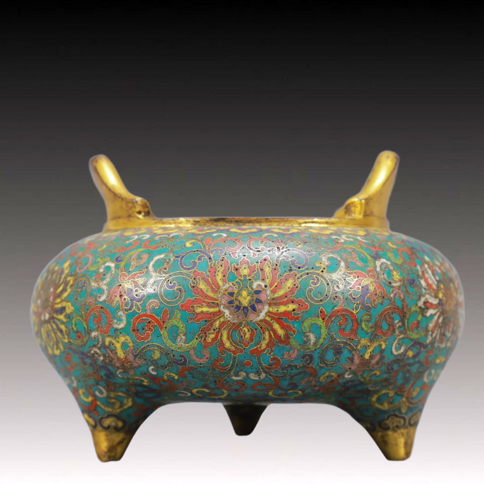 A Exquisite Cloisonne Lotus Pattern Double-Ears and Tripod Censer: A Exquisite Cloisonne Lotus Pattern Double-Ears and Tripod Censer Qing Dynasty, China Qianlong Four-character Mark ,Size:4.9inx6.7in Weight:1950g