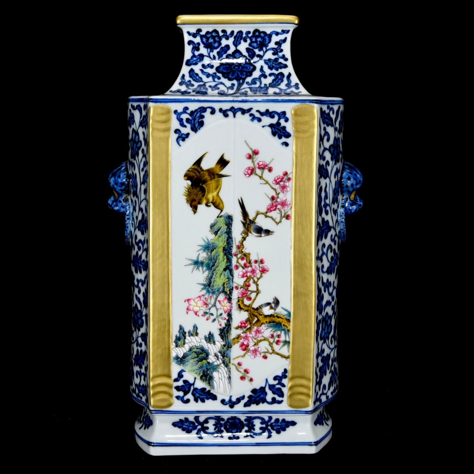A Rare Blue and White Famille-Rose Flower and Bird Pattern Beast-Ears Vase: A Rare Blue and White Famille-Rose Flower and Bird Pattern Beast-Ears Vase,Qing Dynasty,China,Qianlong Six-Character Mark,Size:13.4inx8.3inx5.5in 青花粉彩花鸟ಬ