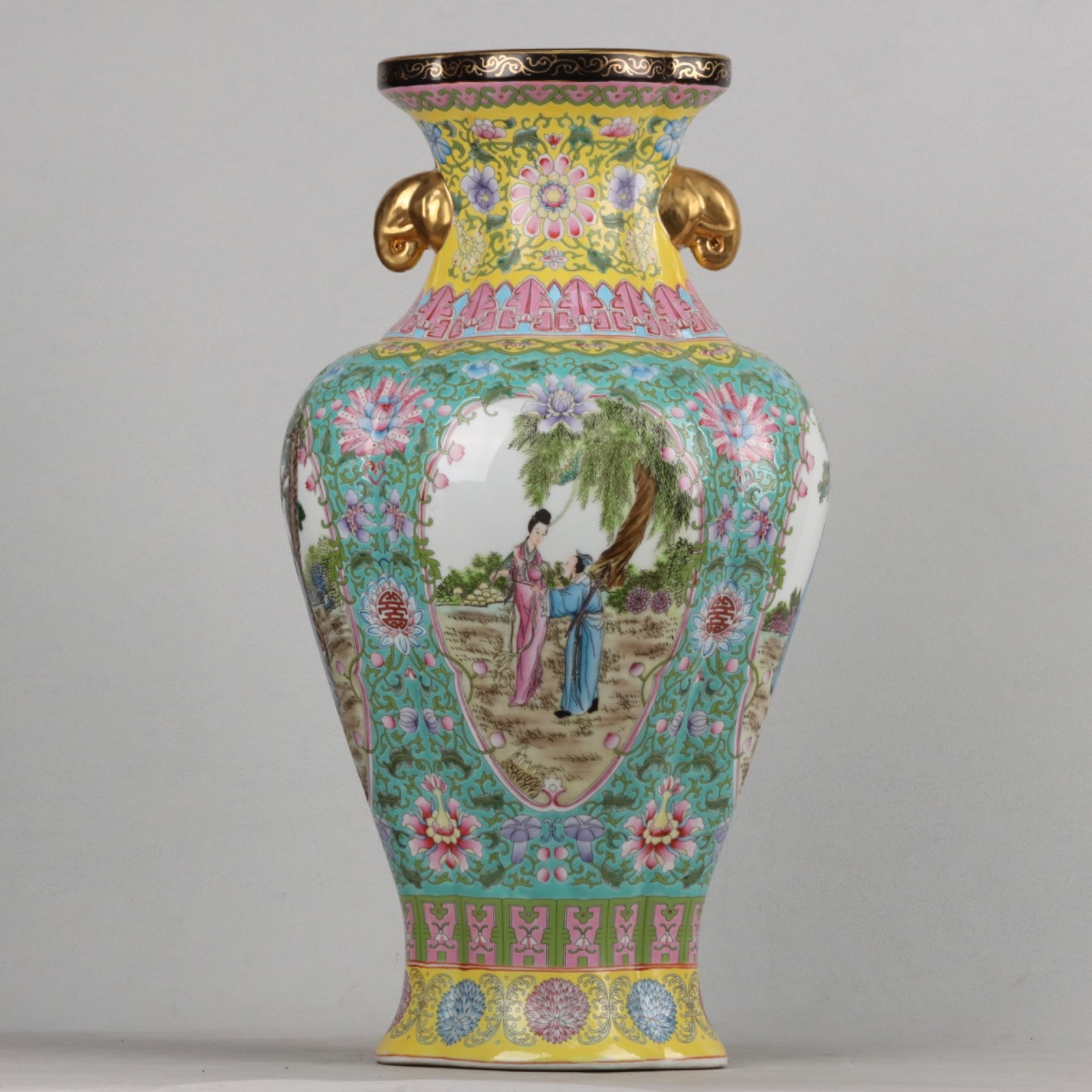 A Huge Enamel Gilt Figure and Story Pattern Elephant-Ears Vase: A Huge Enamel Gilt Figure and Story Pattern Elephant-Ears Vase,Qing Dynasty, China,Yongzheng Four-character Mark,Size:21.7inx11.8in