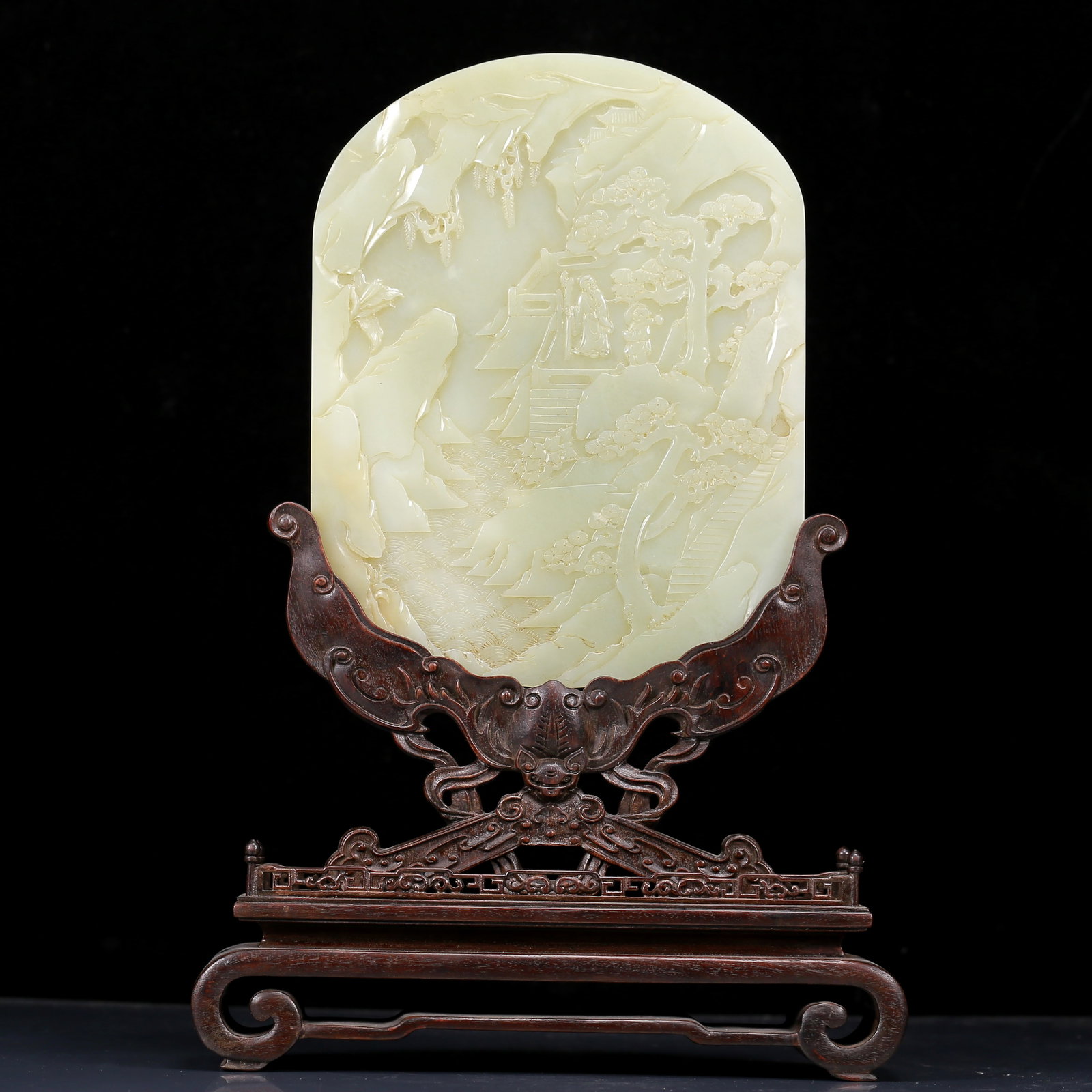 An Exquisite White Jade Landscape and Figure Pattern Table Screen: An Exquisite White Jade Landscape and Figure Pattern Table Screen,Qing Dynasty, China, Qianlong Four-character Mark,Size:10.2inx2.8inx11in,Weight:1445g