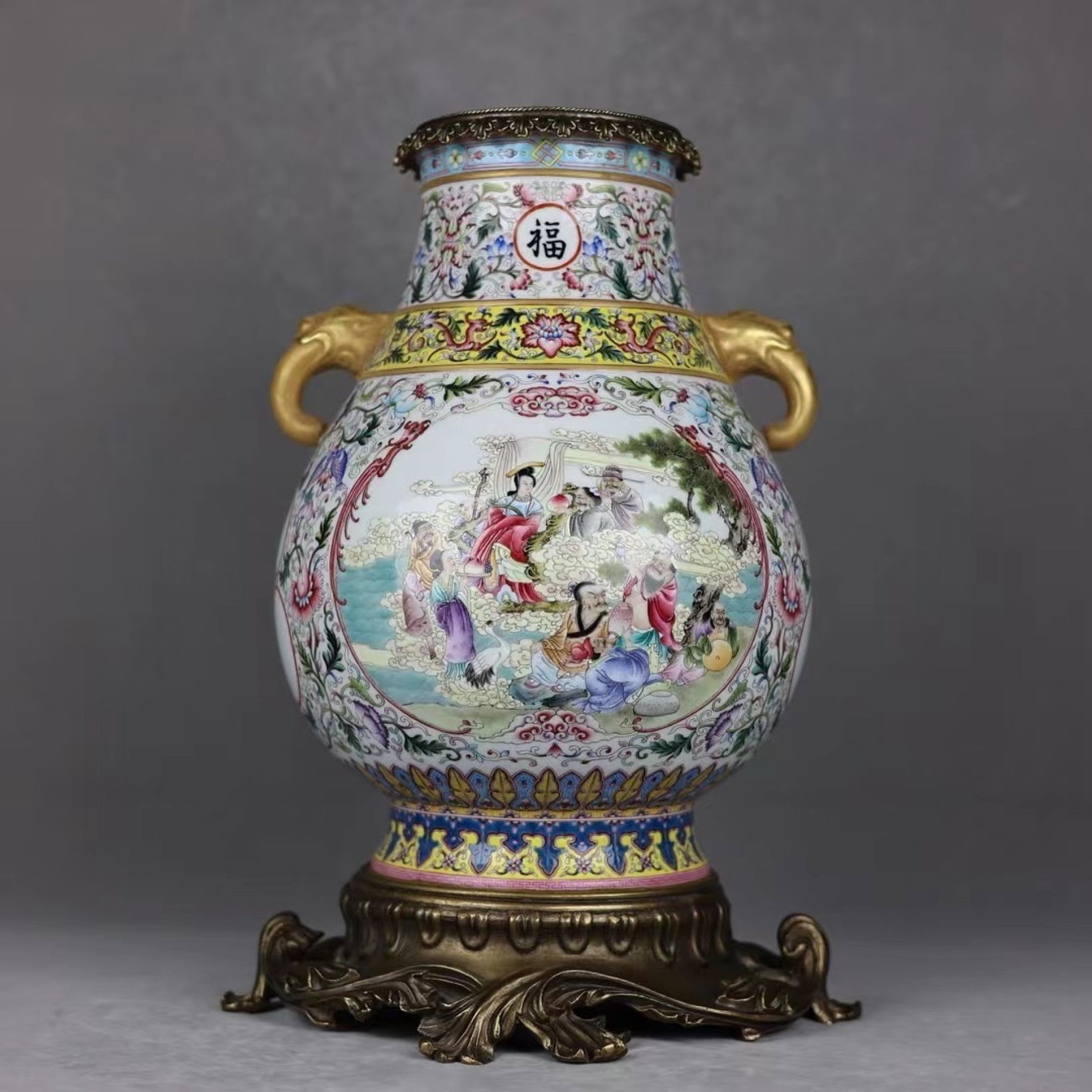 A Huge Famille-Rose Inlaid Bronze Figure and Story Pattern Elephant-Ears Vase,with Poem: A Huge Famille-Rose Inlaid Bronze Figure and Story Pattern Elephant-Ears Vase,with Poem,Qing Dynasty,China,Qianlong Six-Character Mark,Size:18.1inx10.2in