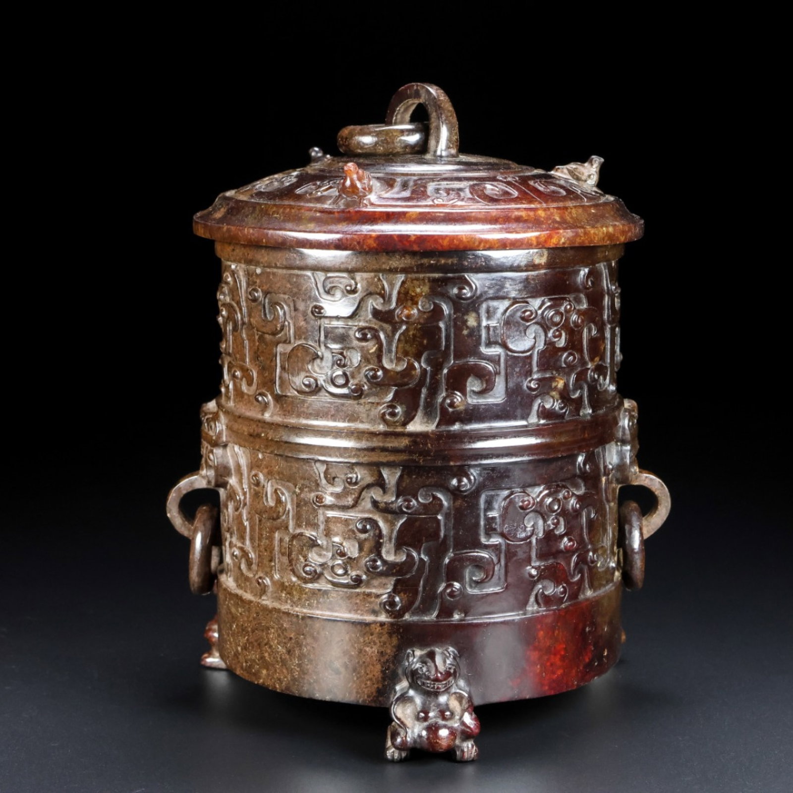 An Archaic Gaogu yu Double-Ears and Tripod Jar: An Archaic Gaogu yu Double-Ears and Tripod Jar,Ancient Time, China, Size:4.7inx4.7inx6.7in, Weight:1445g 高古玉双耳三足罐,中国远ࡣ