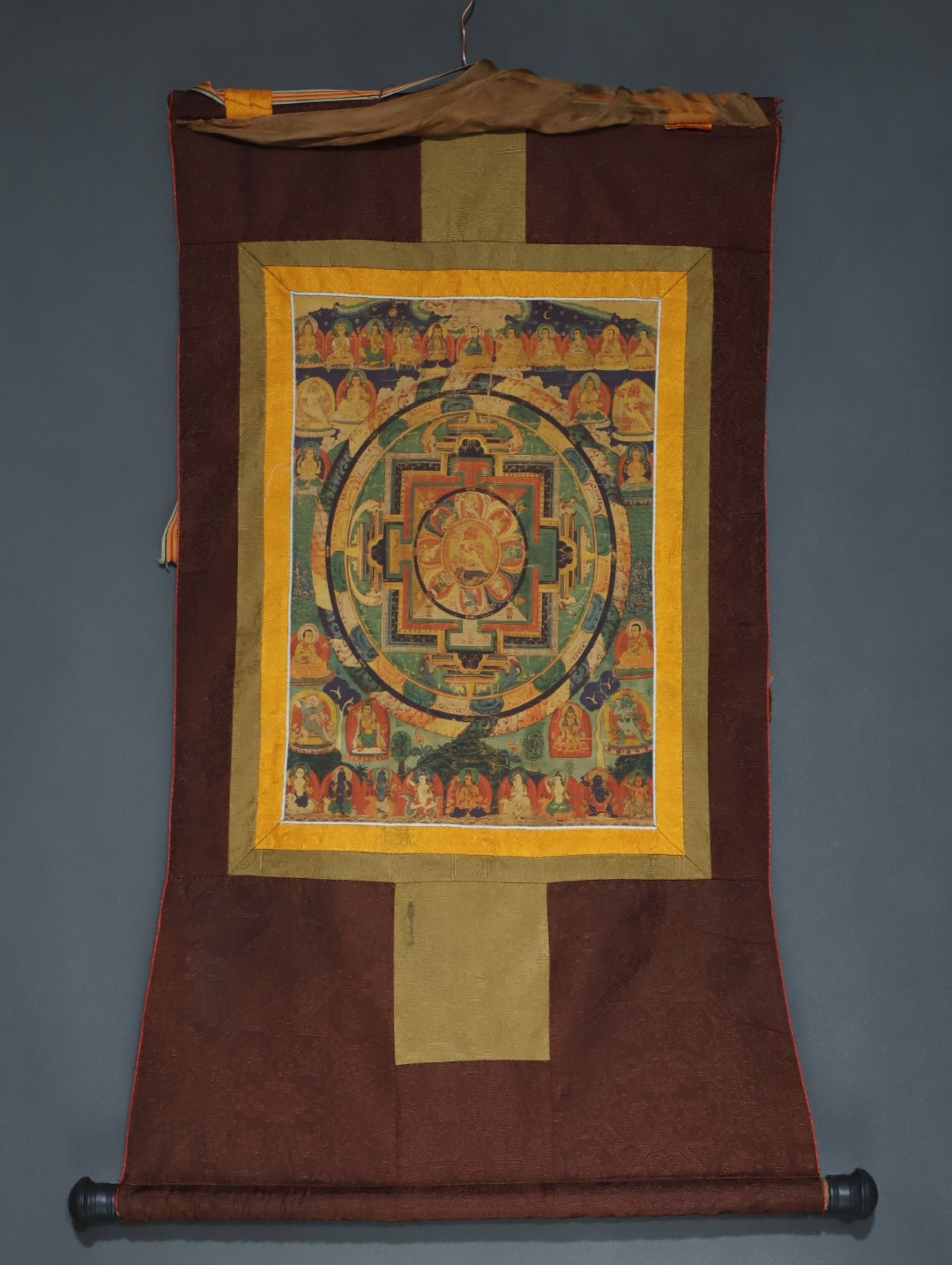 A Rare Brocade Painted Color Altar City Tangka: A Rare Brocade Painted Color Altar City Tangka,Qing Dynasty, China,Size:34.6inx18.1in,(Without frame)16.5inx11in