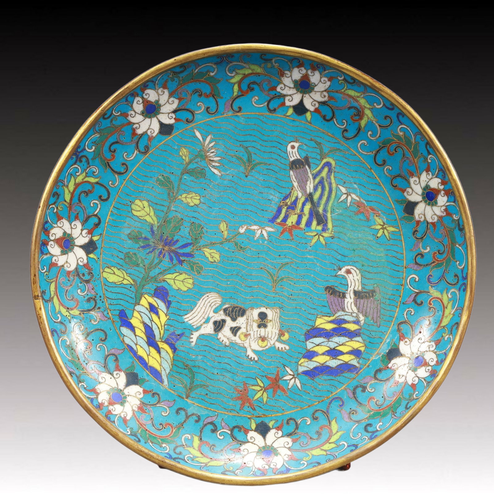 An Exquisite Cloisonne Lotus Flower and Bird Pattern Plate: An Exquisite Cloisonne Lotus Flower and Bird Pattern Plate,Qing Dynasty, China,Size:10inx1.6inWeight:1200g