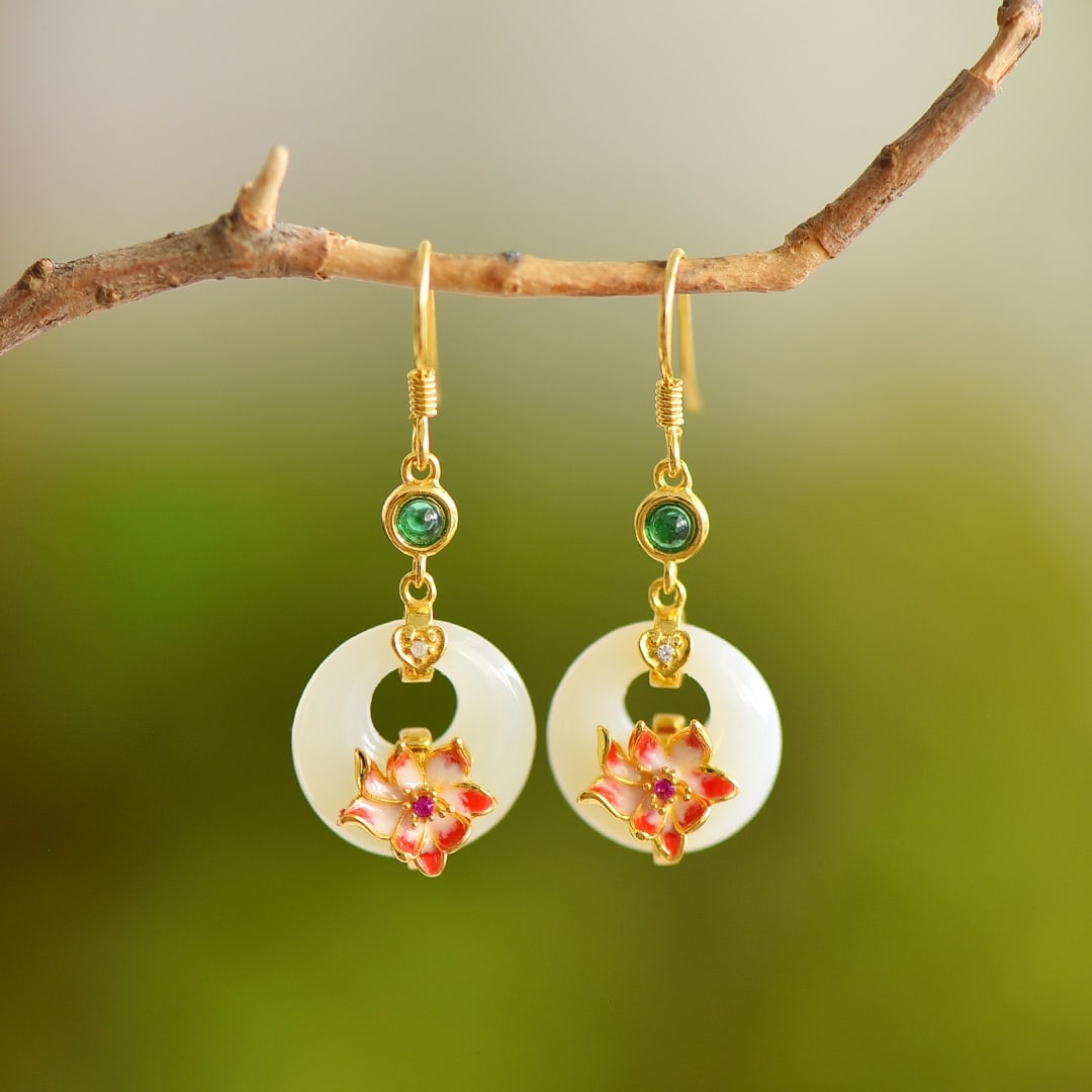 A Pair of Exquisite Sterling Silver-Gold Plated Inlaid White Jade Enamel Earrings: A Pair of Exquisite Sterling Silver-Gold Plated Inlaid White Jade Enamel Earrings, 一对纯银镀金镶白玉珐琅耳环