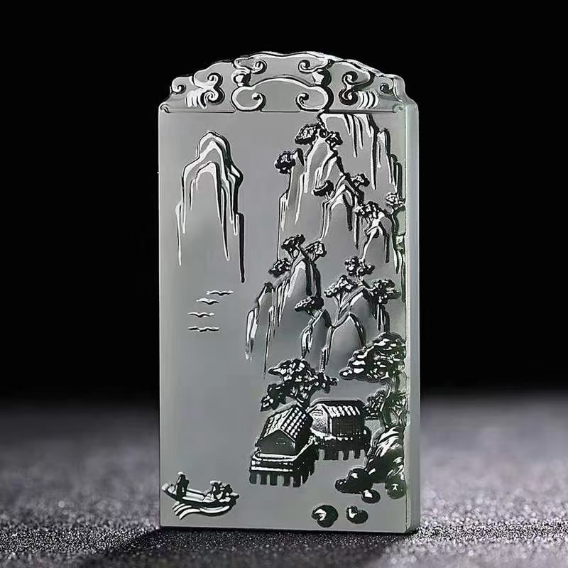 An Exquisite Cyan jade Landscape and Figure Pattern Pendant: An Exquisite Cyan jade Landscape and Figure Pattern Pendant 青玉山水人物纹挂件